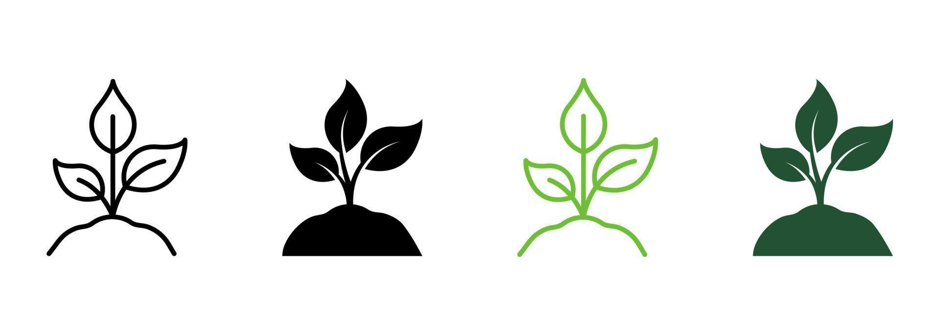 eco vänlig bruka symbol samling. gro av växt i ekologi trädgård. eco naturlig utsäde, lantbruk linje och silhuett ikon uppsättning. organisk tillväxt blad på jord. isolerat vektor illustration.