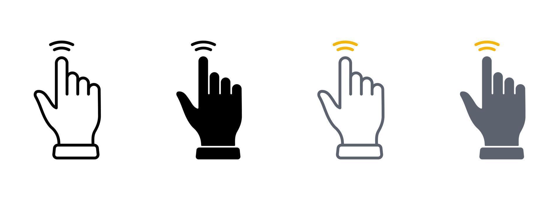 Doppeltippen Sie auf die Gestenlinie und das Symbol für die Silhouettenfarbe. Handcursor des Computermaus-Piktogramms. Zeigefinger klicken drücken berühren Symbolsammlung auf weißem Hintergrund. isolierte Vektorillustration. vektor