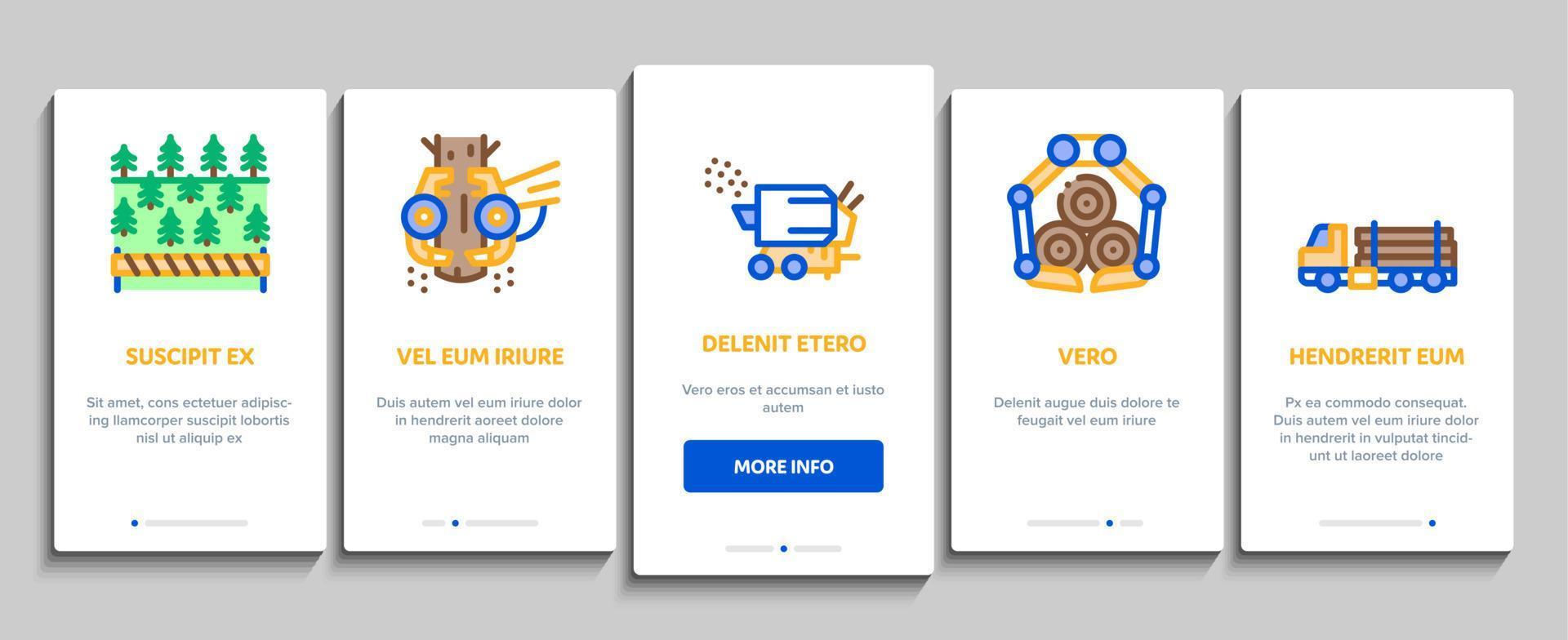 trä skogsavverkning industri onboarding element ikoner uppsättning vektor