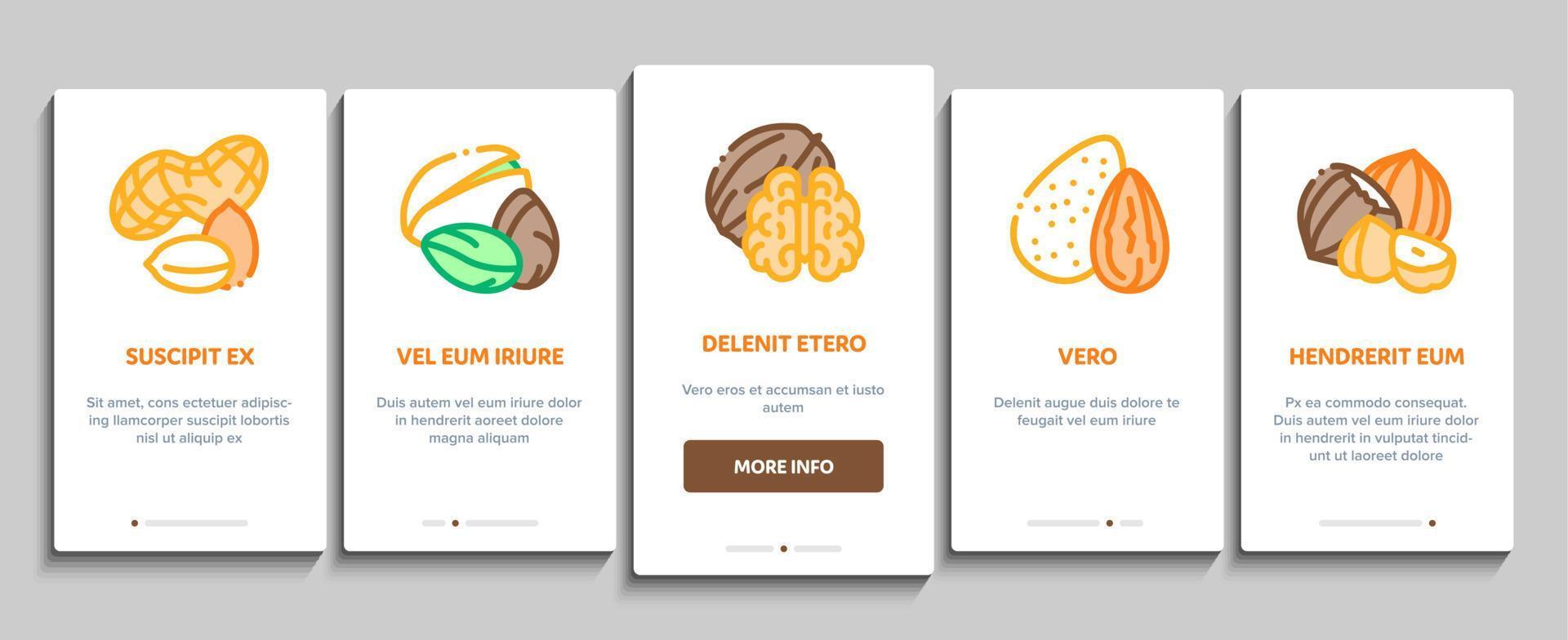 nöt mat annorlunda onboarding element ikoner uppsättning vektor