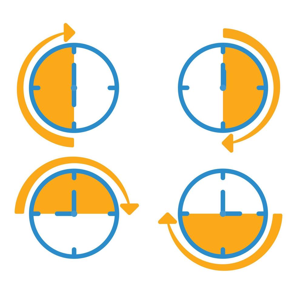 Zeiteinteilung. Uhren mit unterschiedlichen Zeiten. Zeitmanagement alle sechs Stunden. Uhr mit Pfeilkreis. Zeitsymbol isoliert auf weißem Hintergrund. vektor