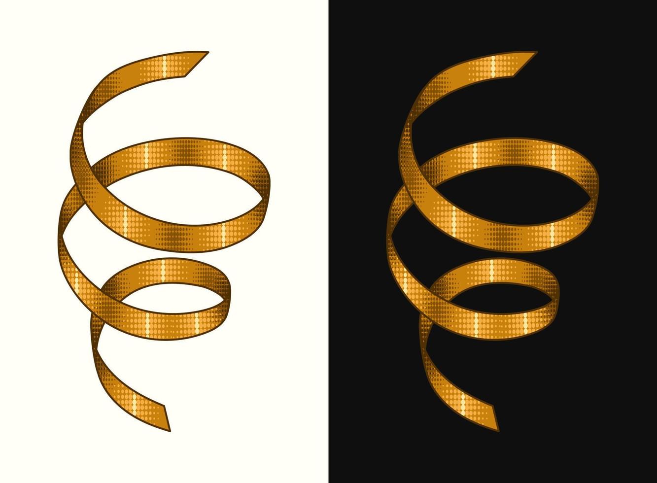 serpentinen karnevalsband. goldener Streamer auf weißem, schwarzem Hintergrund für Geschenk, Gruß, festliches Design. Gestaltungselement mit Halbton im Retro-Stil vektor