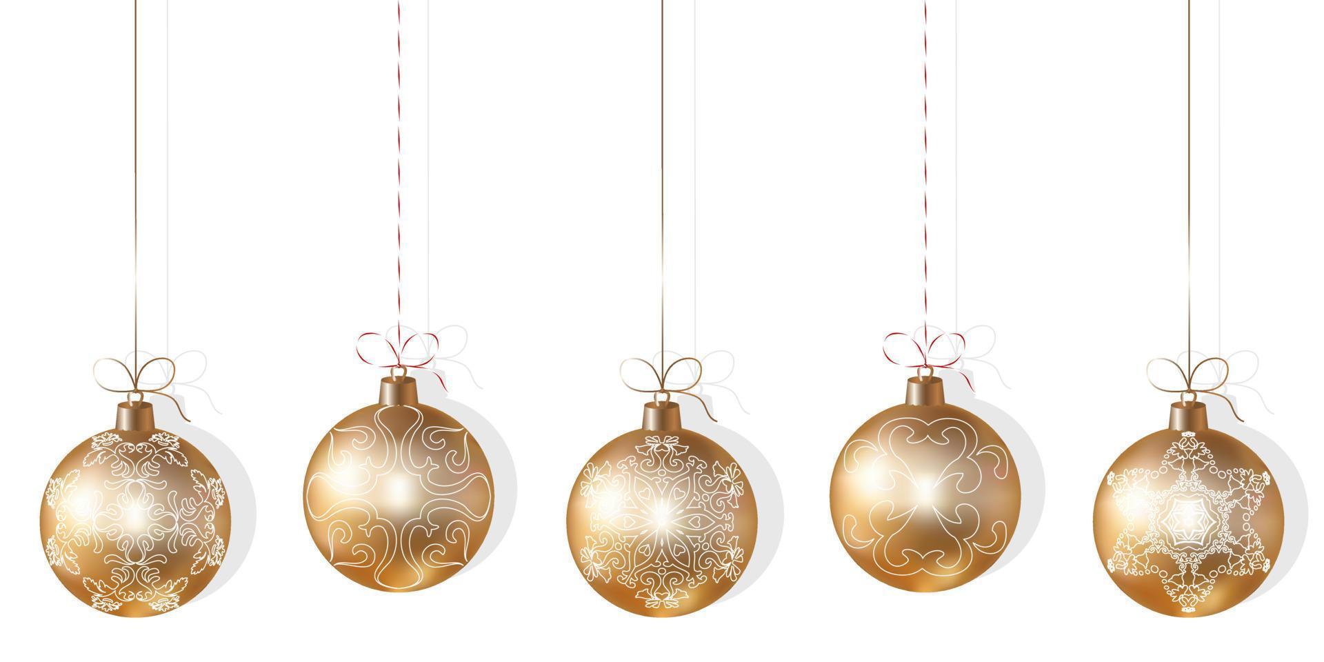 uppsättning av realistisk guld jul träd bollar med en mönster. jul träd guld bollar hängande på vit bakgrund. jul träd leksaker. guld och vit Färg. vektor illustration. modern design.