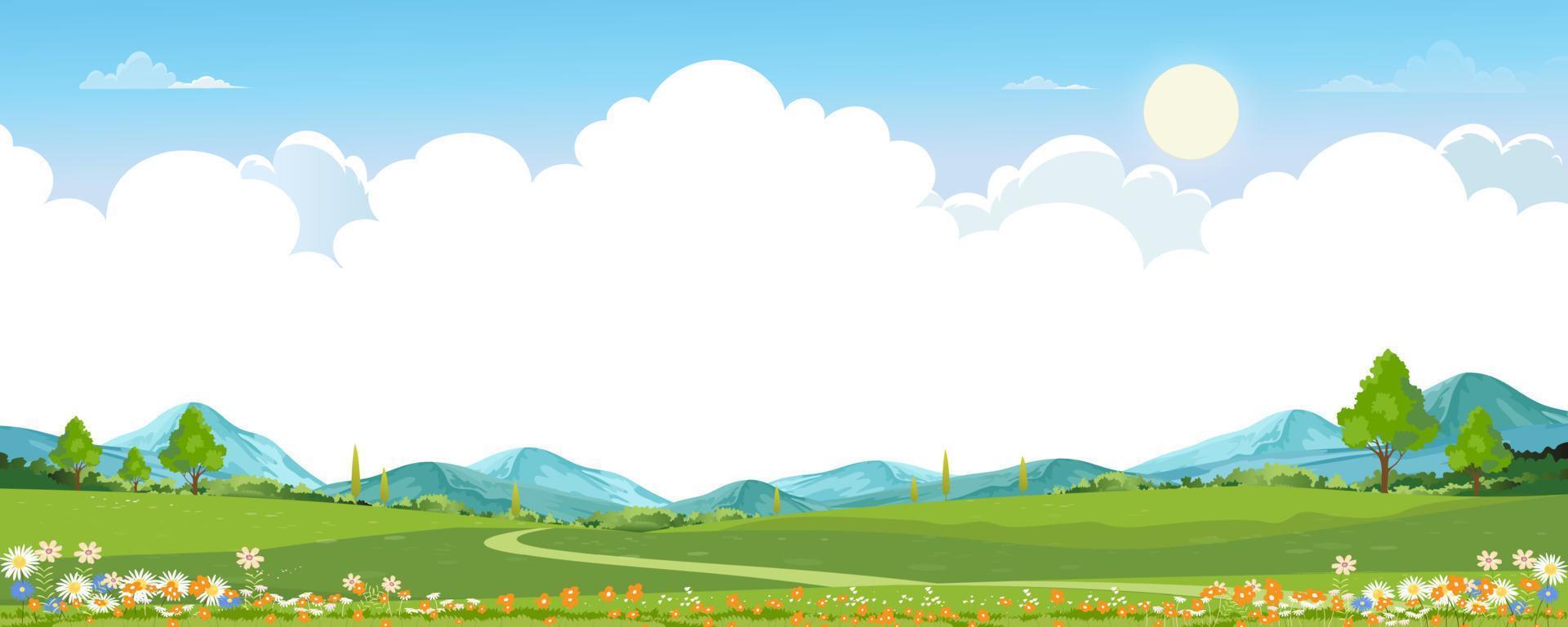 frühlingsgrüne felder landschaft mit bergen, blauem himmel und wolkenhintergrund, panorama friedliche ländliche natur im frühling mit grünem grasland. karikaturvektorillustration für frühlings- und sommerbanner vektor