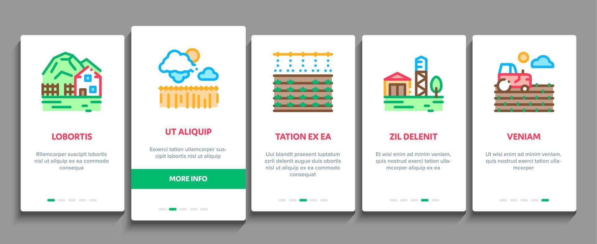 jordbruk landskap onboarding element ikoner uppsättning vektor
