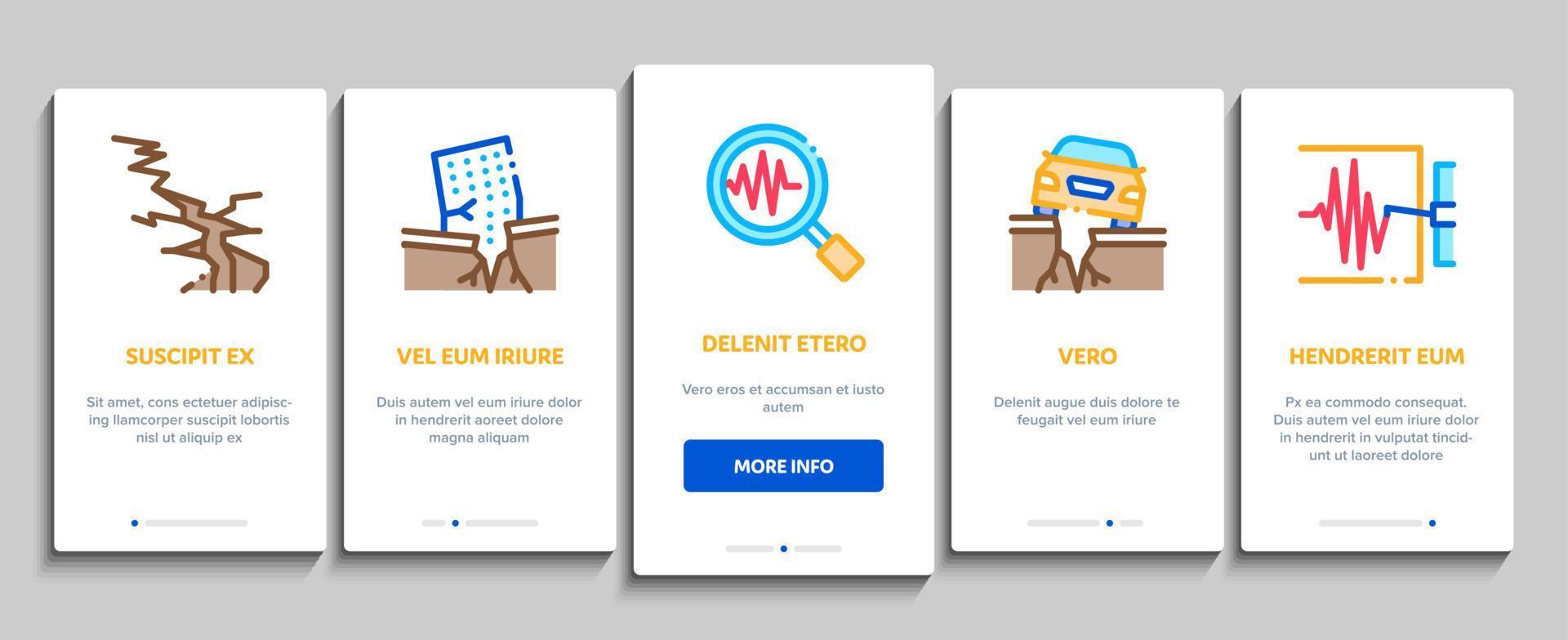 jordbävning katastrof onboarding element ikoner uppsättning vektor