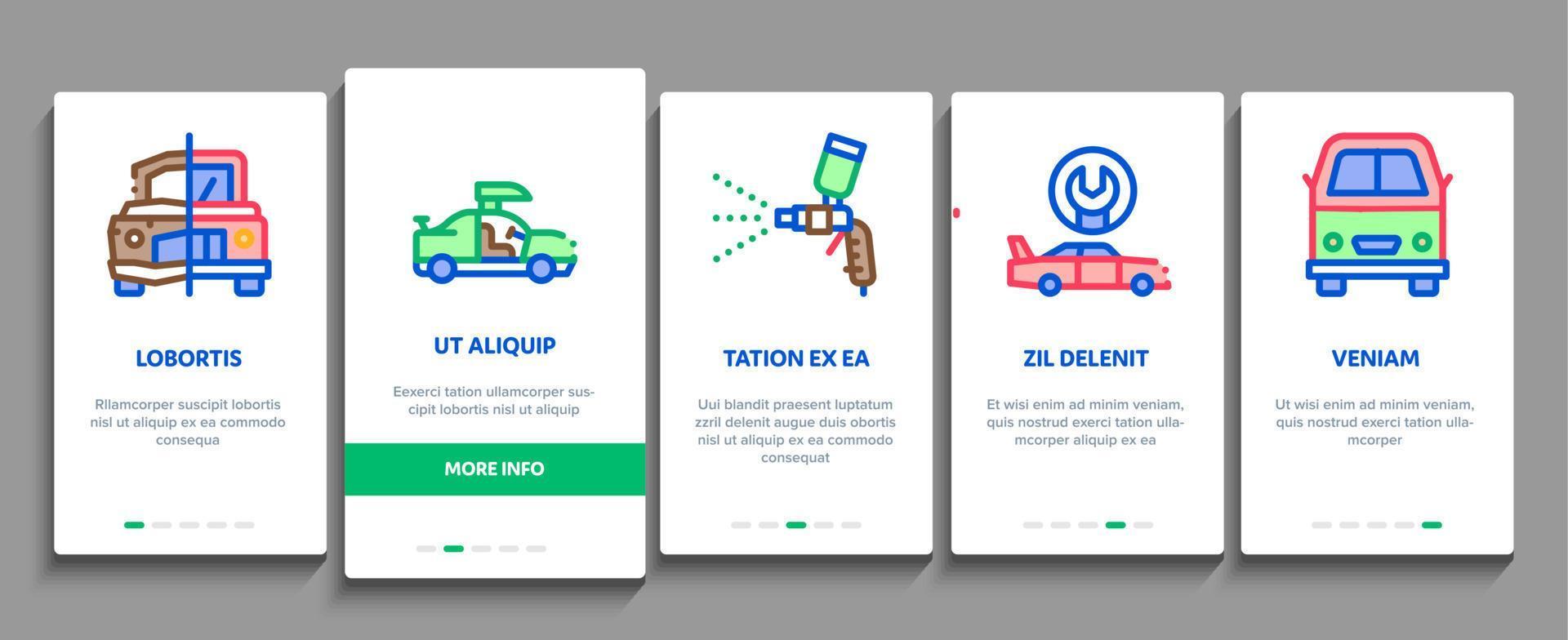 bil restaurering onboarding element ikoner uppsättning vektor