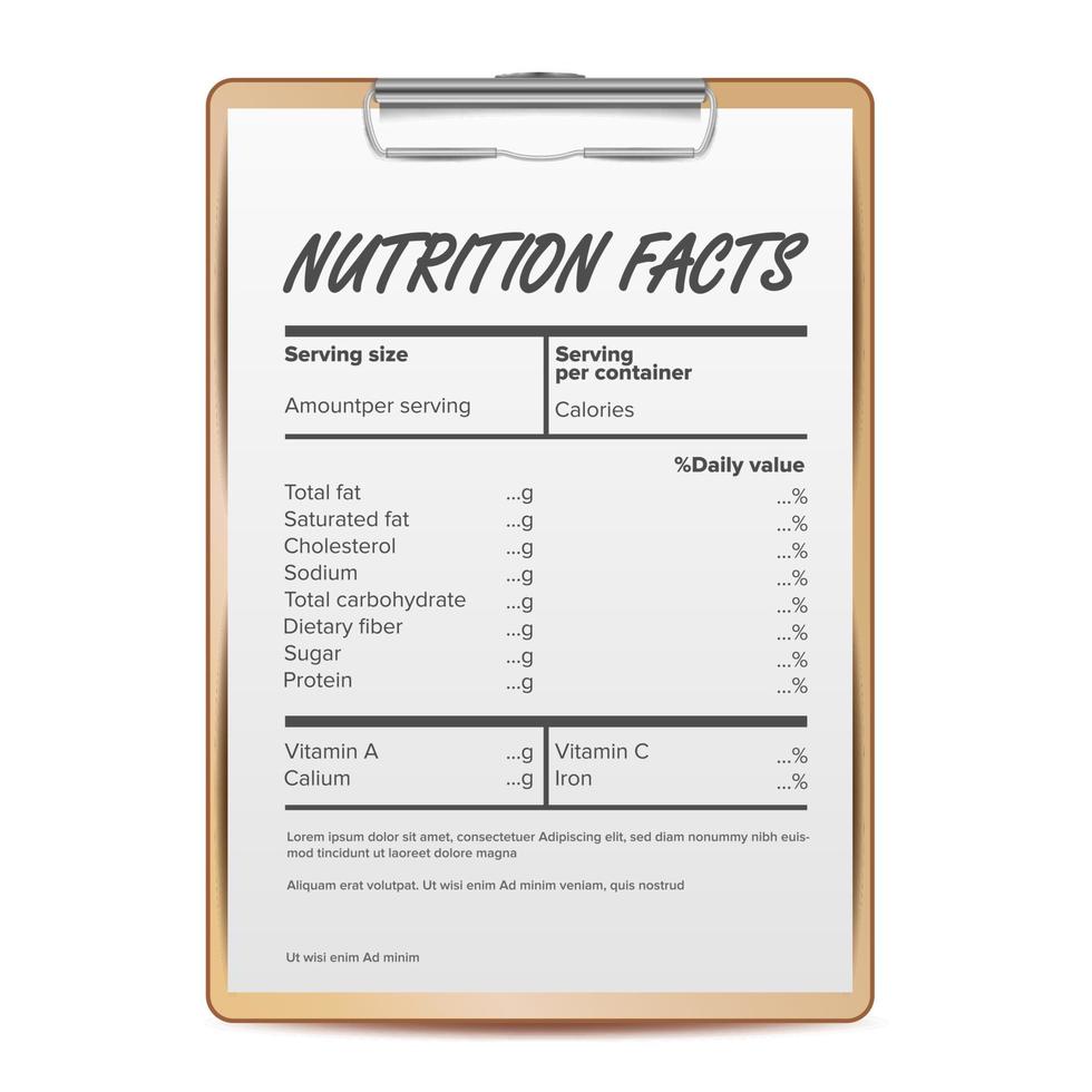 Nährwerte Vektor. leere Vorlage. Nahrungsinhalt. Fett Informationen. Proteinsport. Gramm und Prozent. Illustration vektor