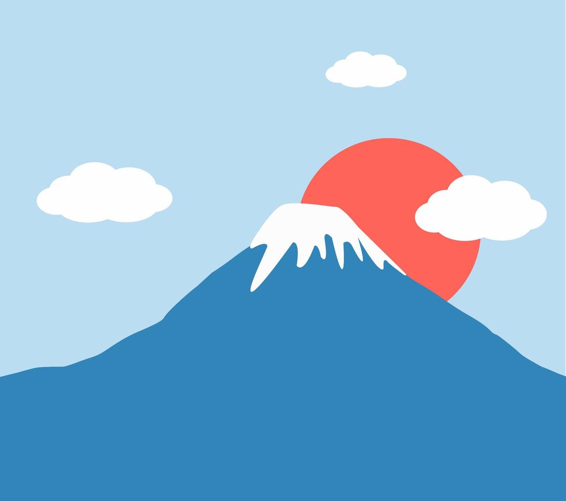 mount fuji och röd sol scenisk bakgrund vektor