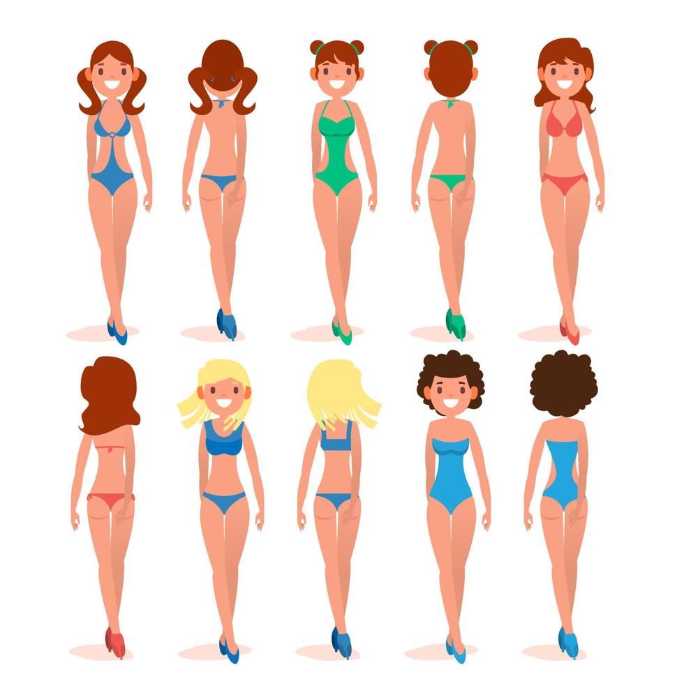 kvinnor s baddräkt uppsättning vektor. skön flickor i badning kostymer av annorlunda typer. olika typer. mode bikini samling. isolerat platt illustration vektor