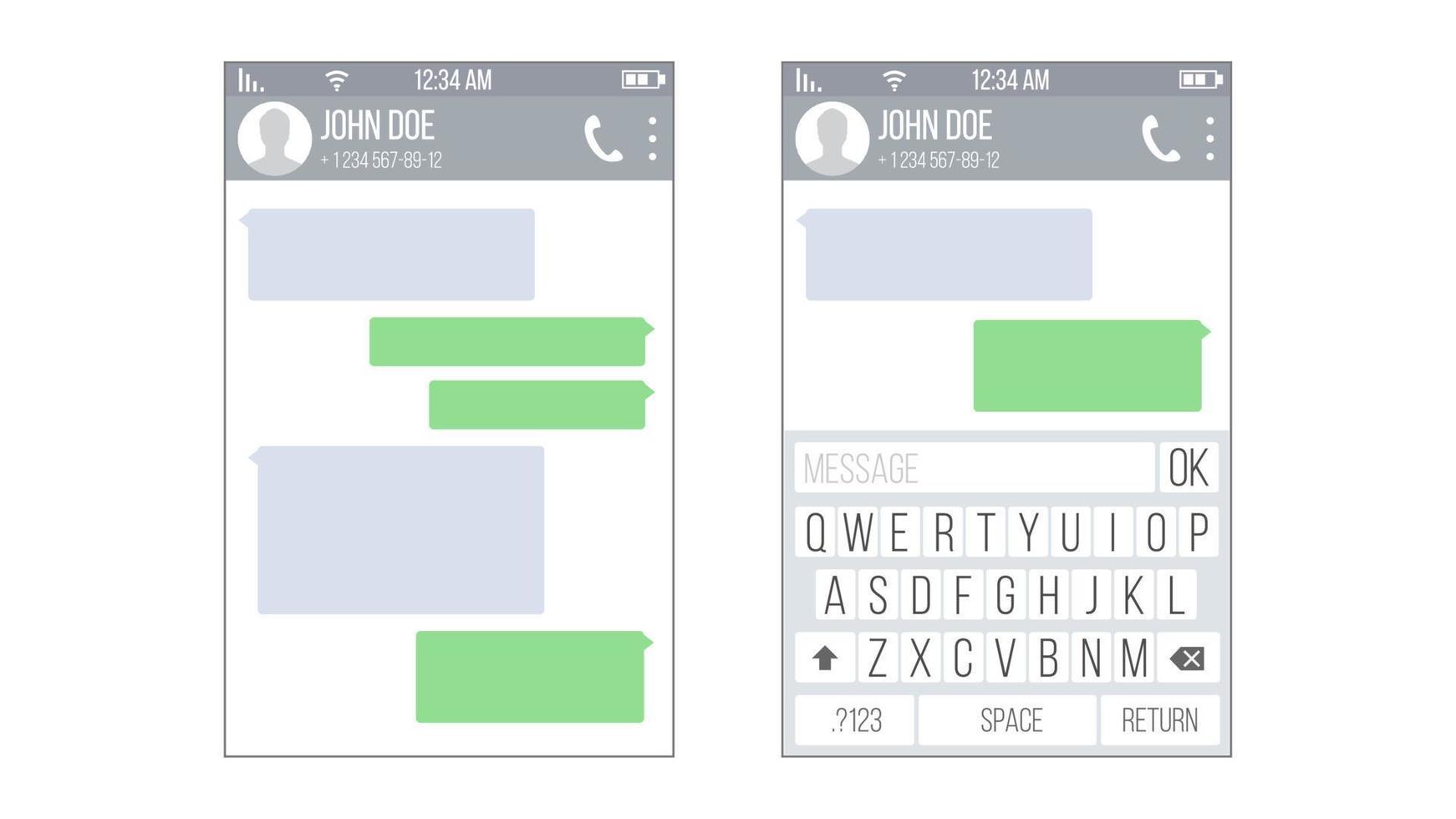 mobiler ui-kit-Messenger-Vektor. Chat-App-Designvorlage. isolierte illustration der modernen mobilen tastatur vektor