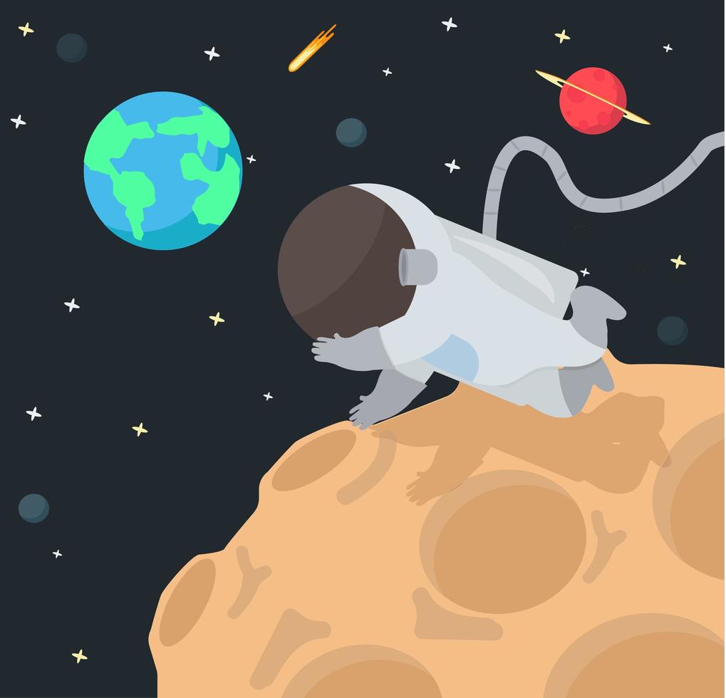 Cartoon-Astronaut, der durch Raum und Planeten schwebt vektor