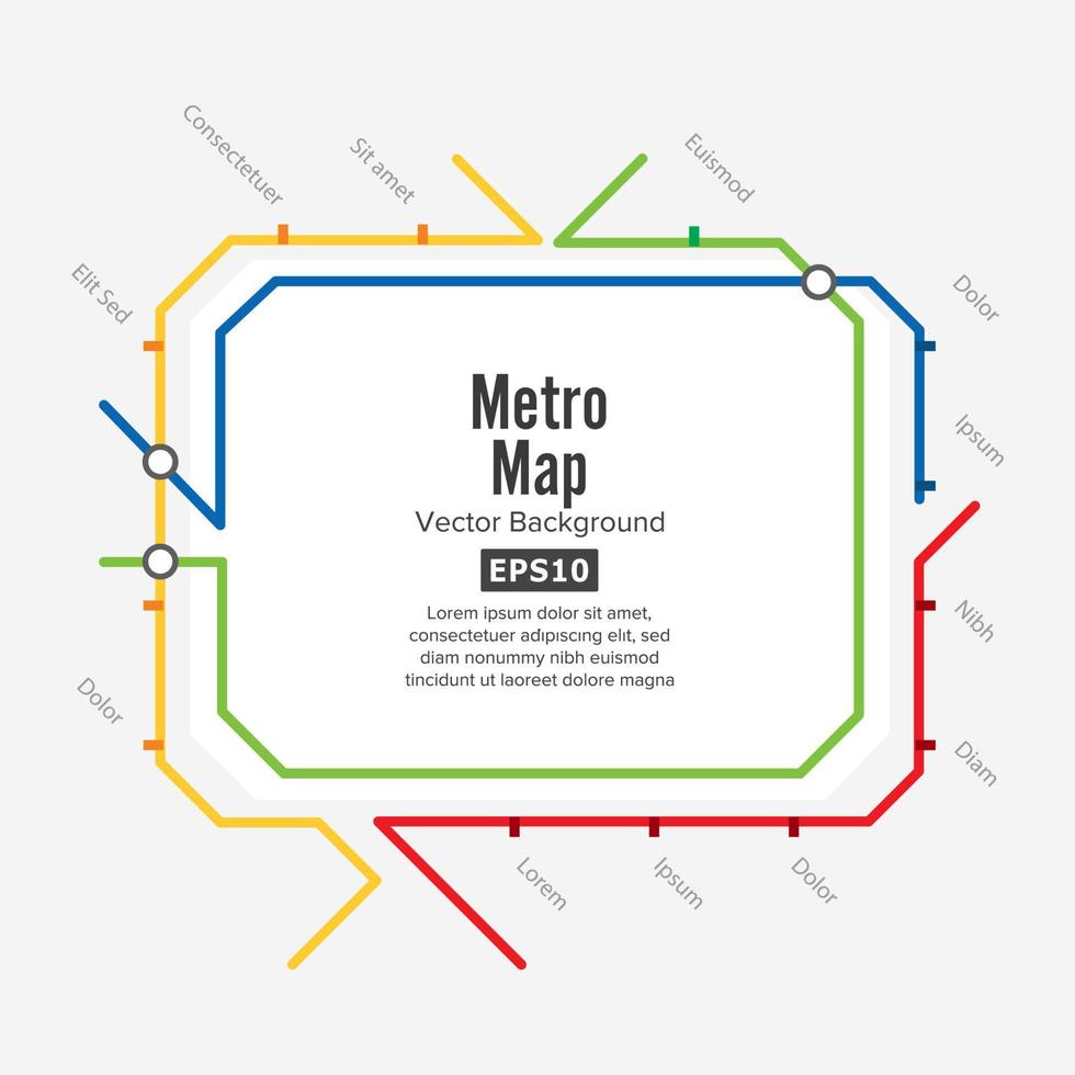 metro Karta vektor. fiktiv stad offentlig transport schema. färgrik bakgrund med stationer vektor