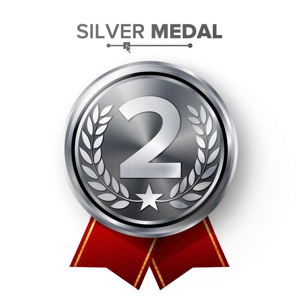 silver- 2:a plats medalj vektor. metall realistisk bricka med andra placering prestation. runda märka med röd band, laurel krans. vinnare hedra pris. konkurrens spel silver- vinnare trofén tilldela vektor