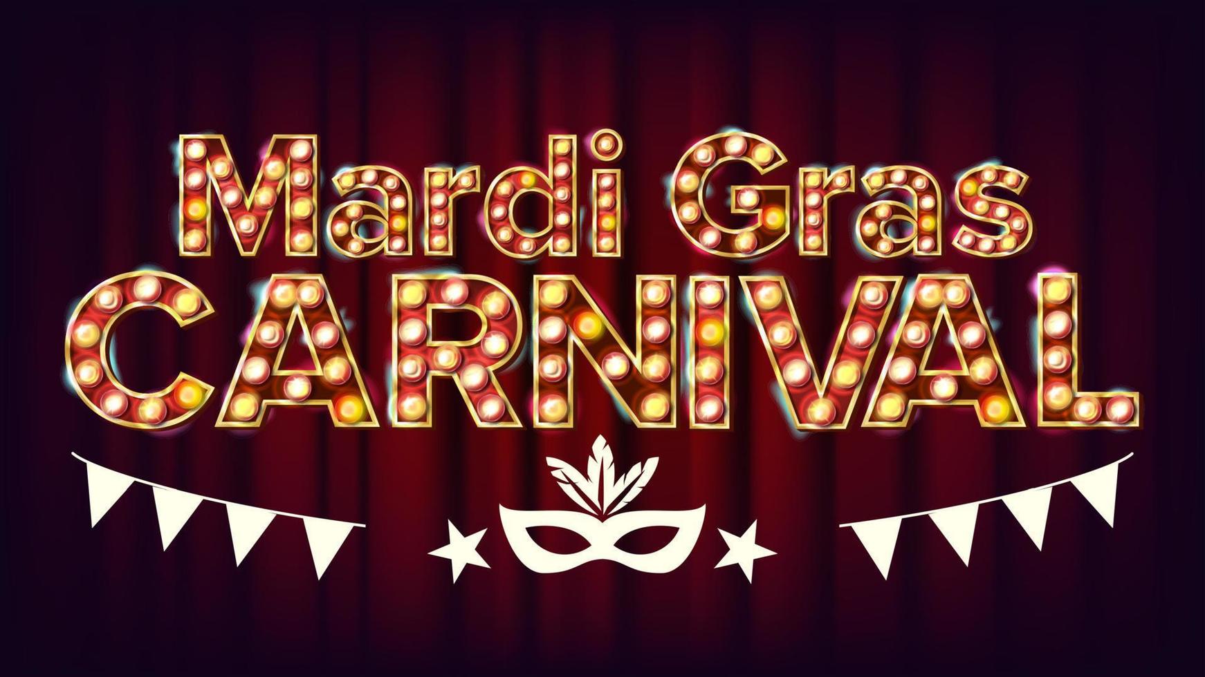 mardi gras karneval baner vektor. karneval årgång gyllene upplyst neon ljus. för hälsning kort, fest inbjudan design. klassisk illustration vektor