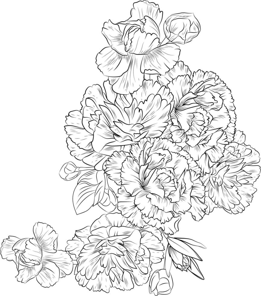 bukett av nejlika blomma, dianthus-caryophyllus, hand dragen penna skiss färg sida och bok för vuxna isolerat på vit bakgrund blommig element tatuering, illustration bläck konst. vektor