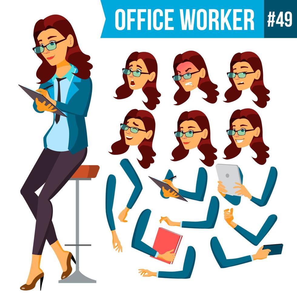 kontor arbetstagare vector.woman. sekreterare, revisor. framgångsrik officer, kontorist, tjänare. vuxen företag kvinna. ansikte känslor, olika gester. animering skapande uppsättning. isolerat platt tecknad serie illustration vektor