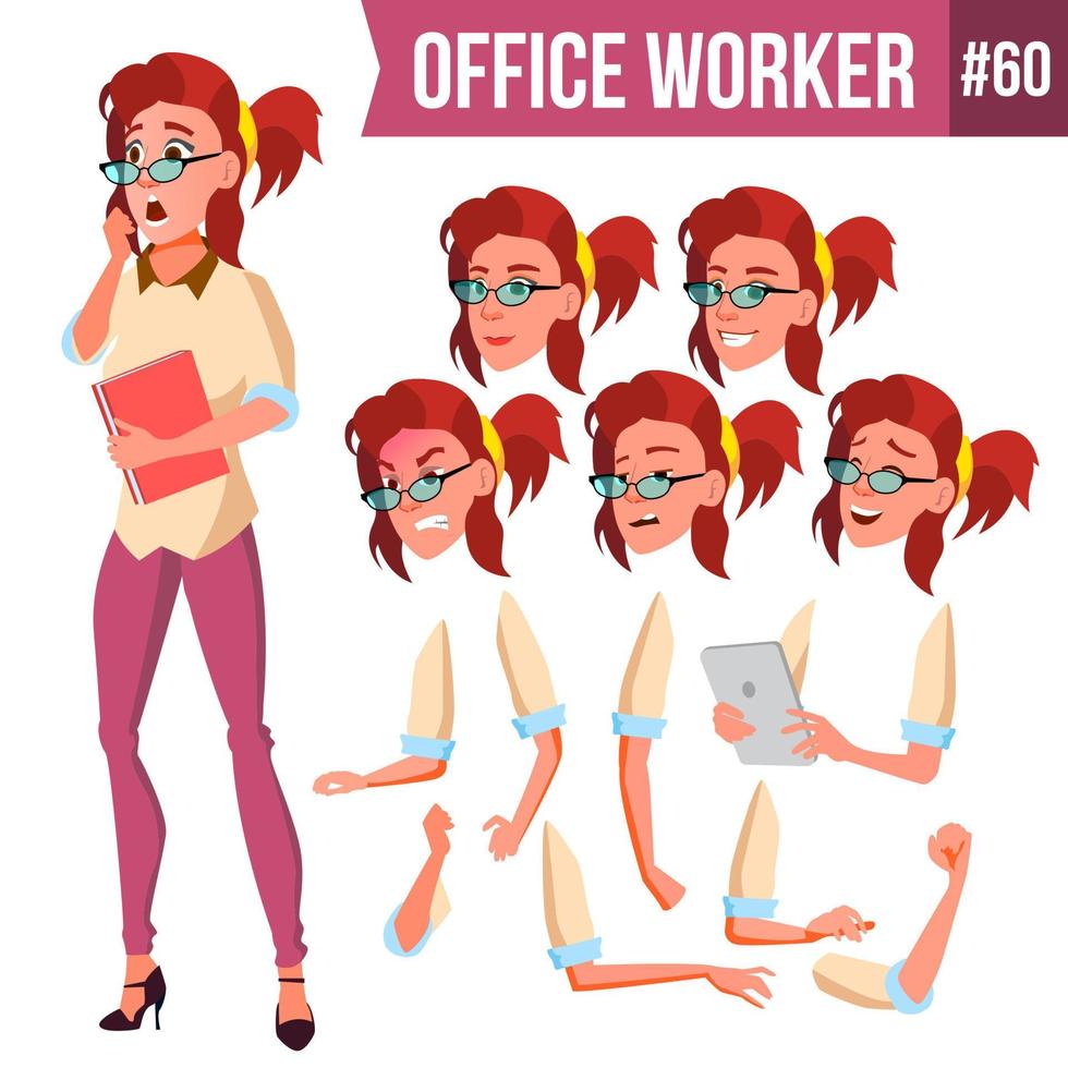 kontor arbetstagare vektor. kvinna. modern anställd, arbetare. företag kvinna. ansikte känslor, olika gester. animering skapande uppsättning. platt tecknad serie illustration vektor