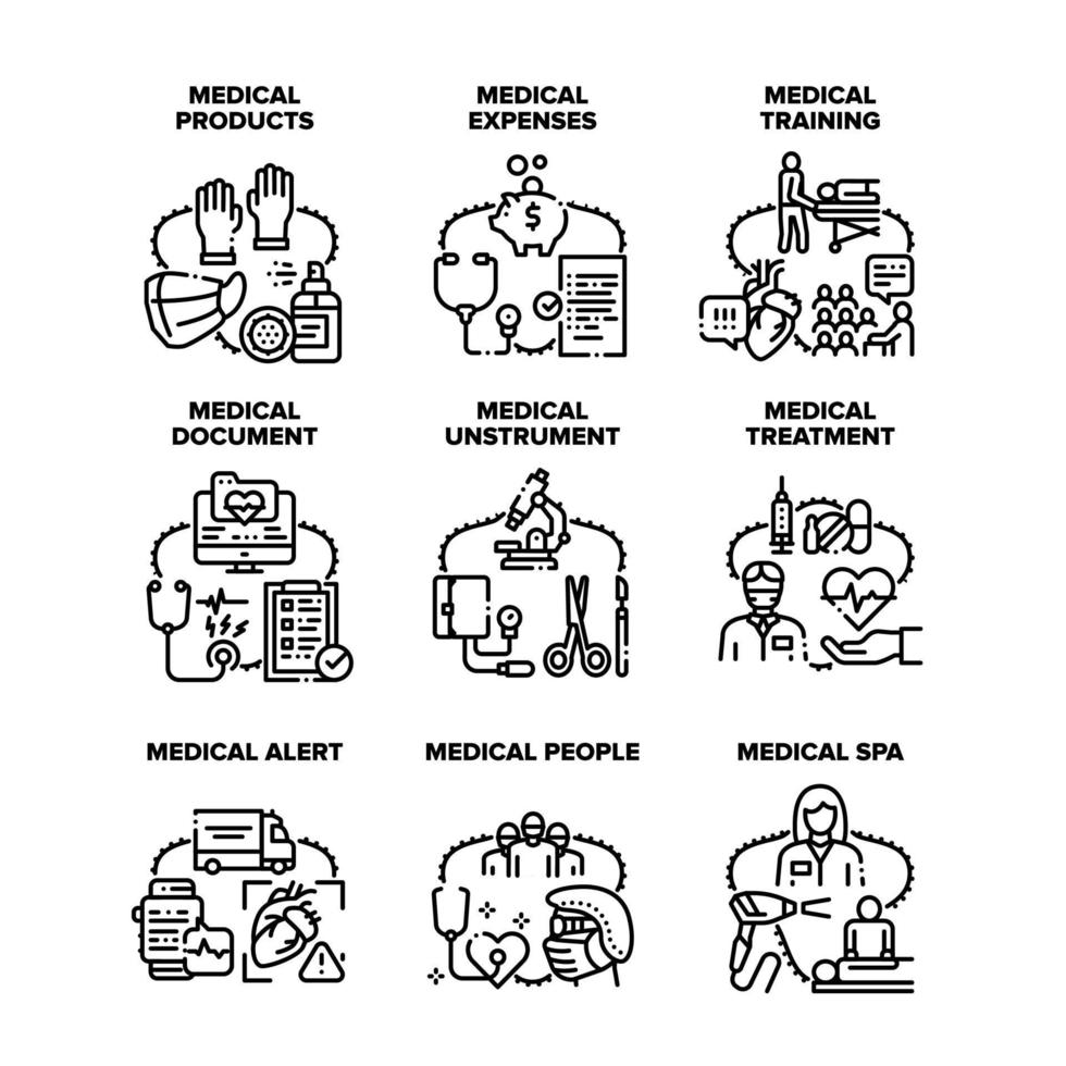 medicinsk Produkter uppsättning ikoner vektor svart illustration