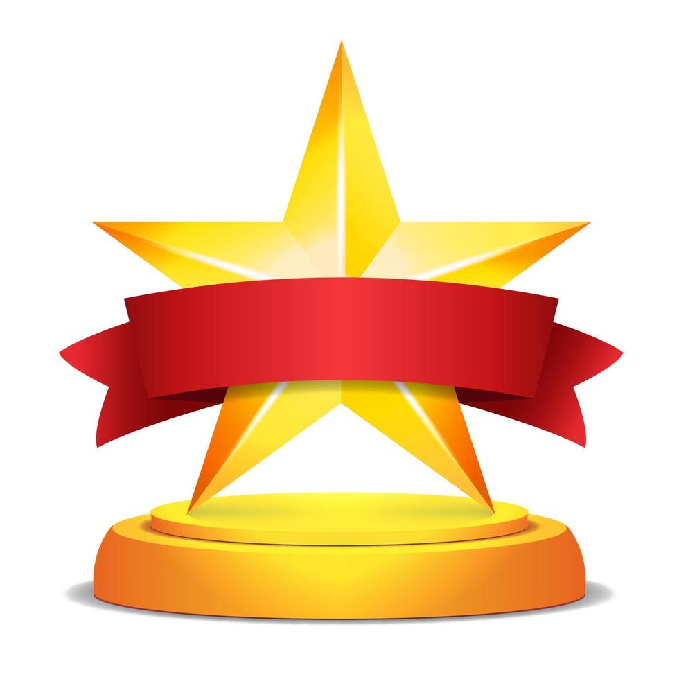 Goldener Stern ausgezeichnet. rotes Band mit Platz für Text. Vektor-Illustration. moderne Trophäe, Wanderpreis. schönes glänzendes etikettendesign. isoliert vektor