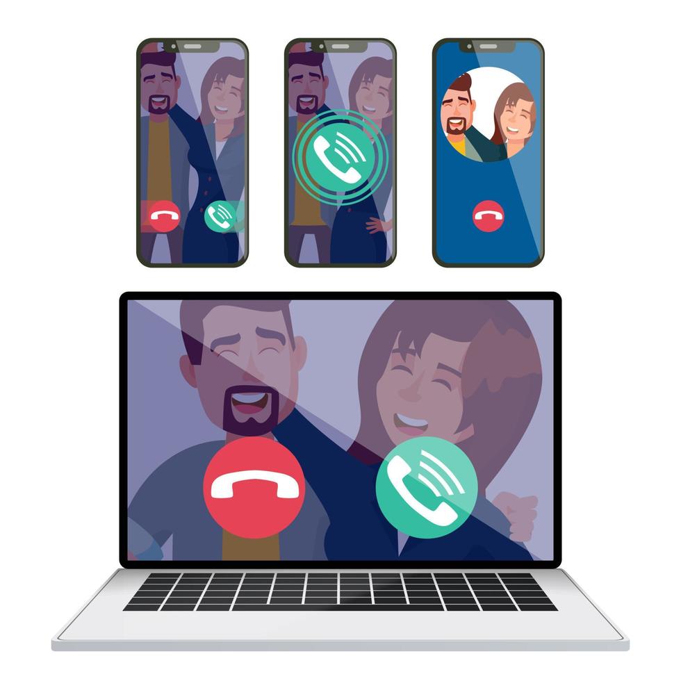 ip telefoni vektor. bärbar dator visa skärm mobil smartphone. tar emot inkommande ringa upp. kallelse service Ansökan. digital video konversation. vänner kommunikation. röst över ip. illustration vektor