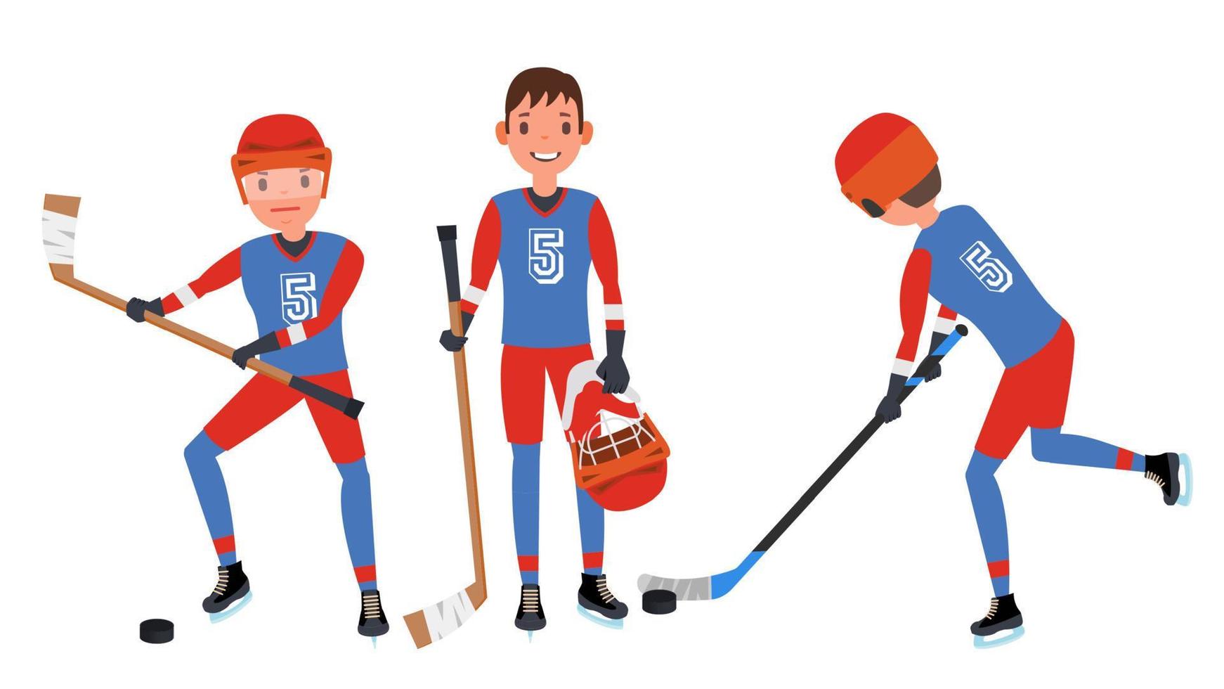 klassischer Eishockeyspieler-Vektor. einstellen. Wettbewerbsspielkonzept. isoliert auf weißer zeichentrickfigur illustration vektor