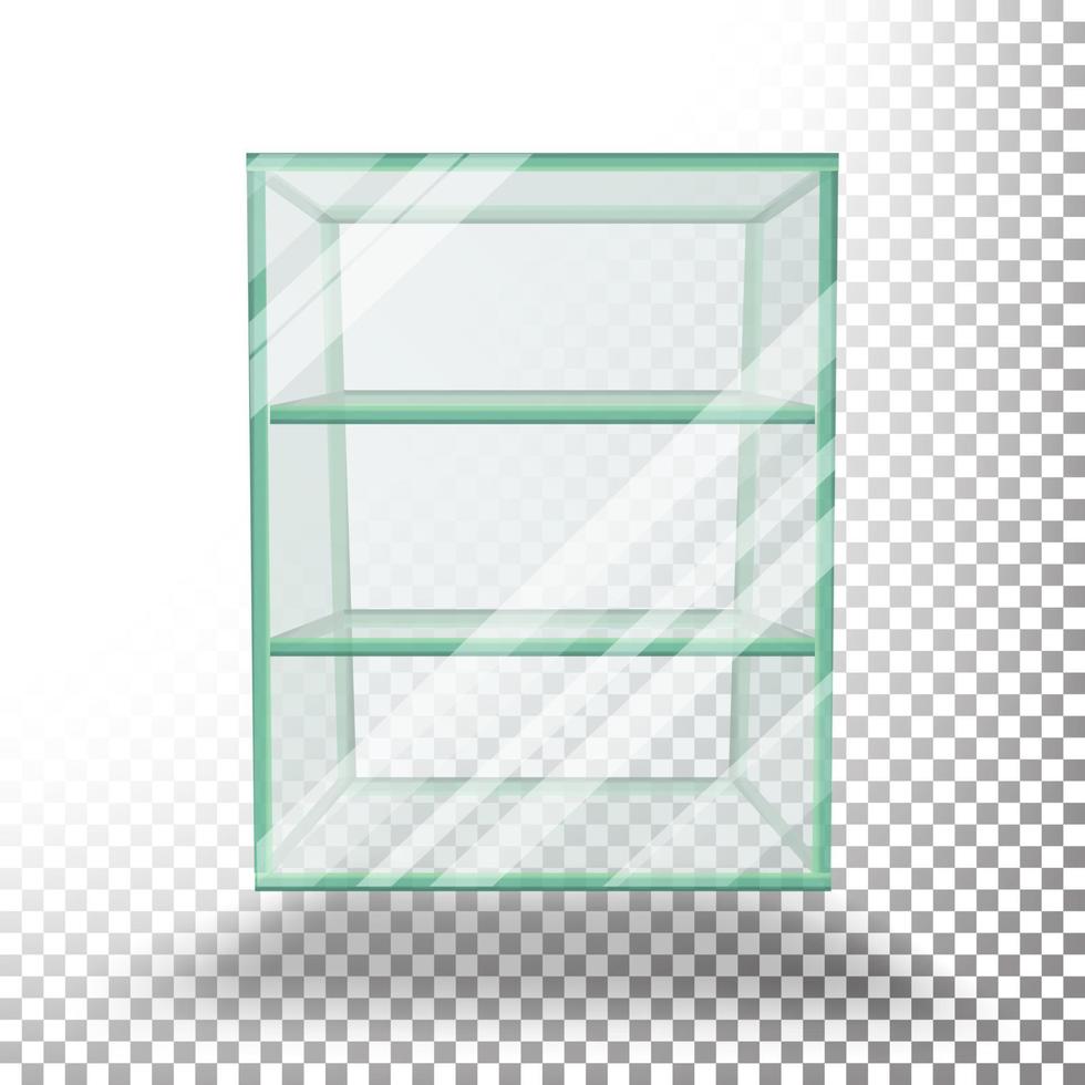 leerer transparenter Glaskasten-Würfelvektor. 3D realistische Glasvitrine mit Regalen. vektor