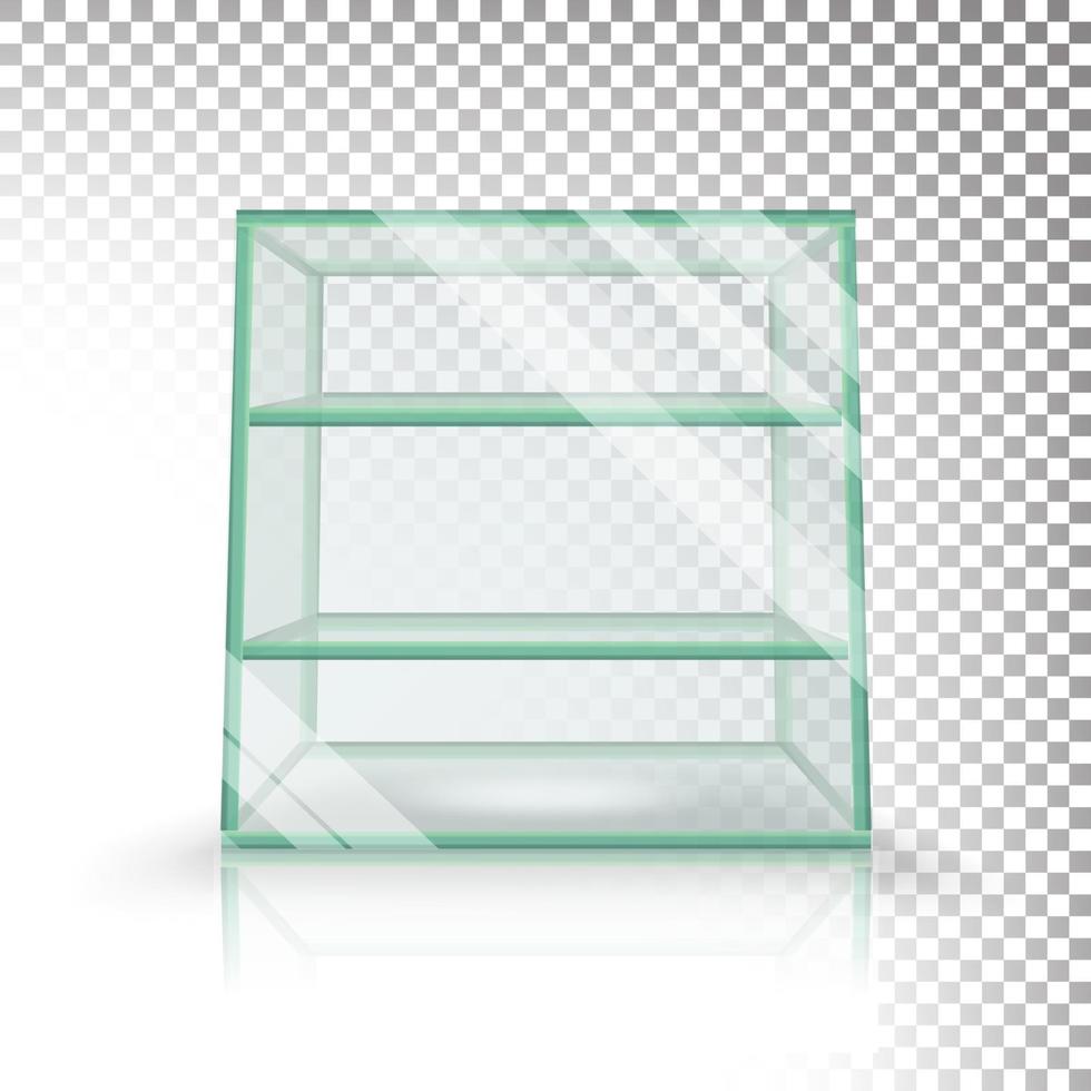 leerer transparenter Glaskasten-Würfelvektor. 3D realistische Glasvitrine mit Regalen. vektor