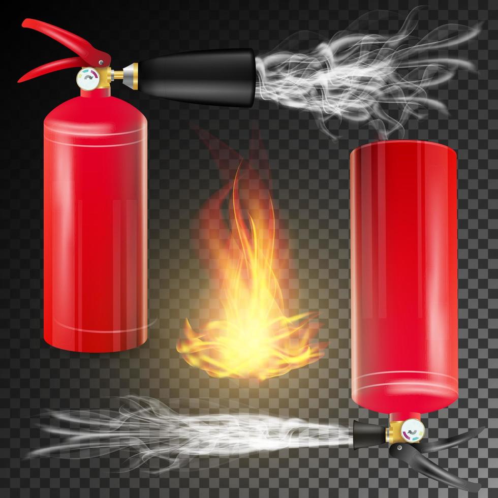 roter Feuerlöscher-Vektor. Feuerflammenschild und roter Feuerlöscher aus Metall. transparenter Hintergrund vektor