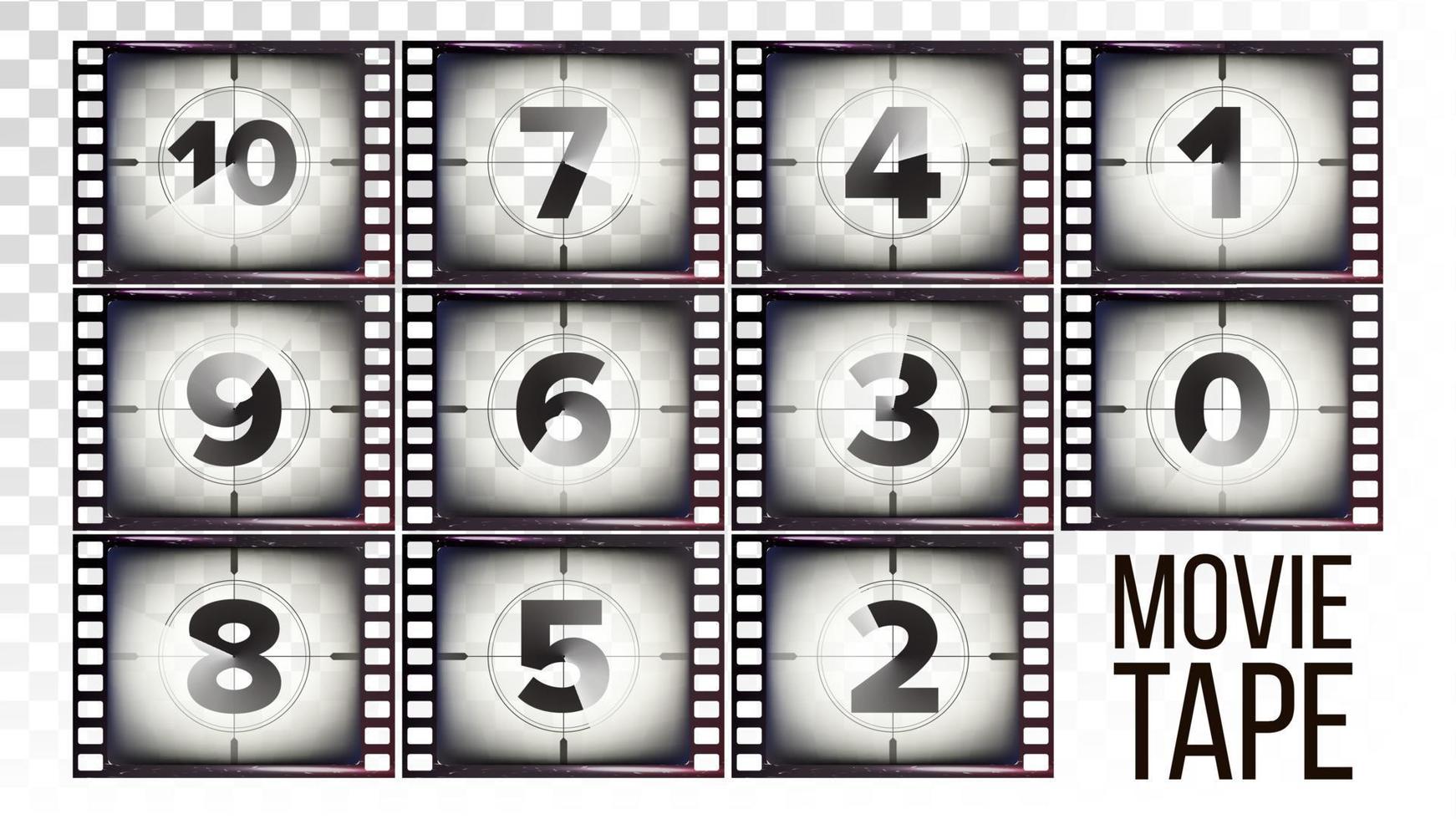 Filmband-Countdown-Vektor. monochromer brauner Grunge-Filmstreifen. von zehn auf null. isoliert auf transparenter hintergrundillustration vektor