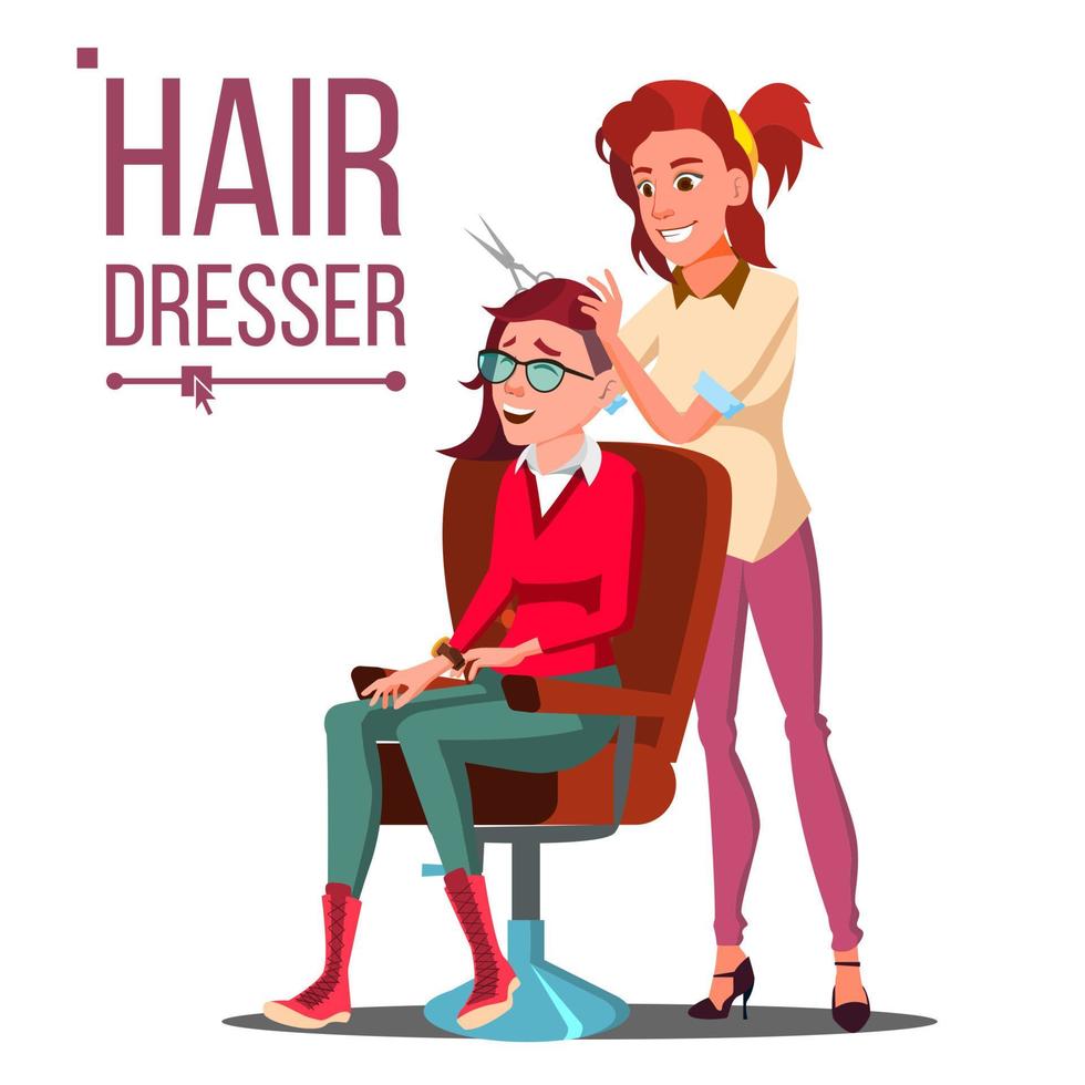 Friseur und Frauenvektor. Schönheitssalon. Haarbürste. Haarschnitt. Styling. isolierte flache karikaturillustration vektor