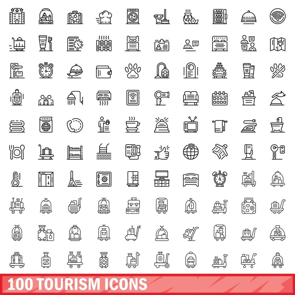 100 Tourismus-Icons gesetzt, Umrissstil vektor