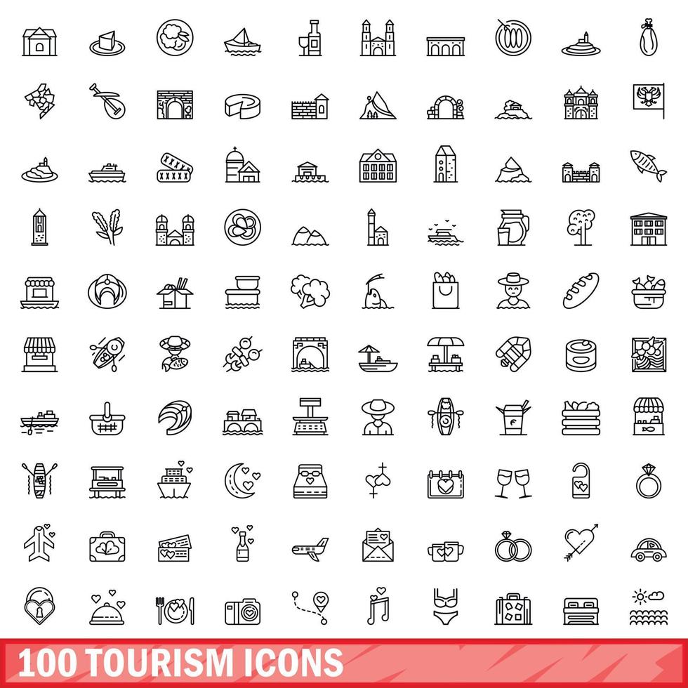 100 turism ikoner set, kontur stil vektor