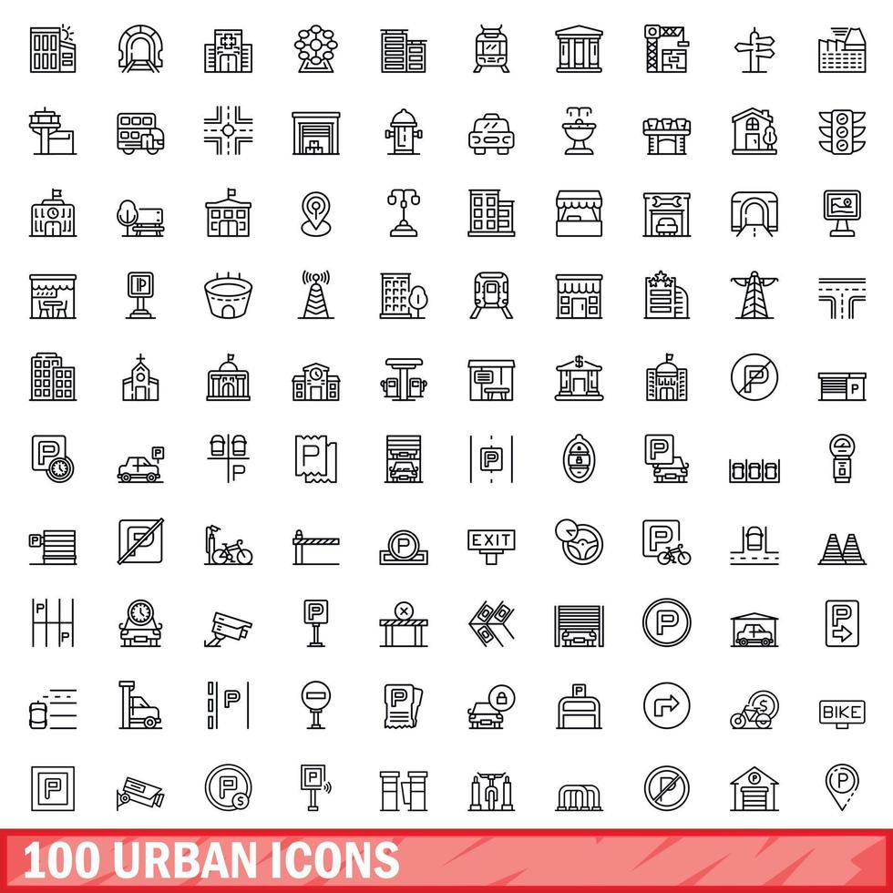 100 urbana ikoner set, konturstil vektor