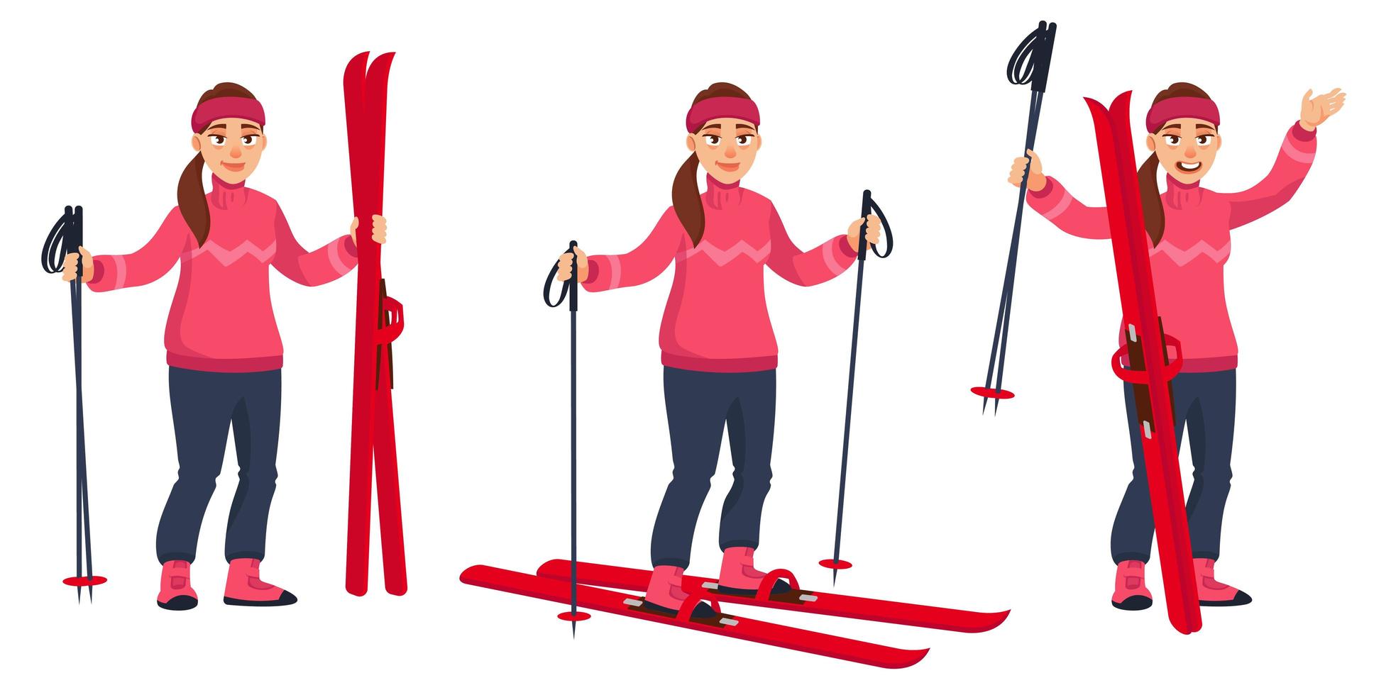 kvinnlig skidåkare i olika poser vektor