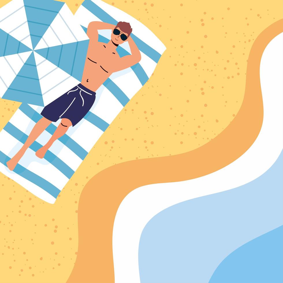 Mann Sonnenbaden am Strand, Sommerszene vektor