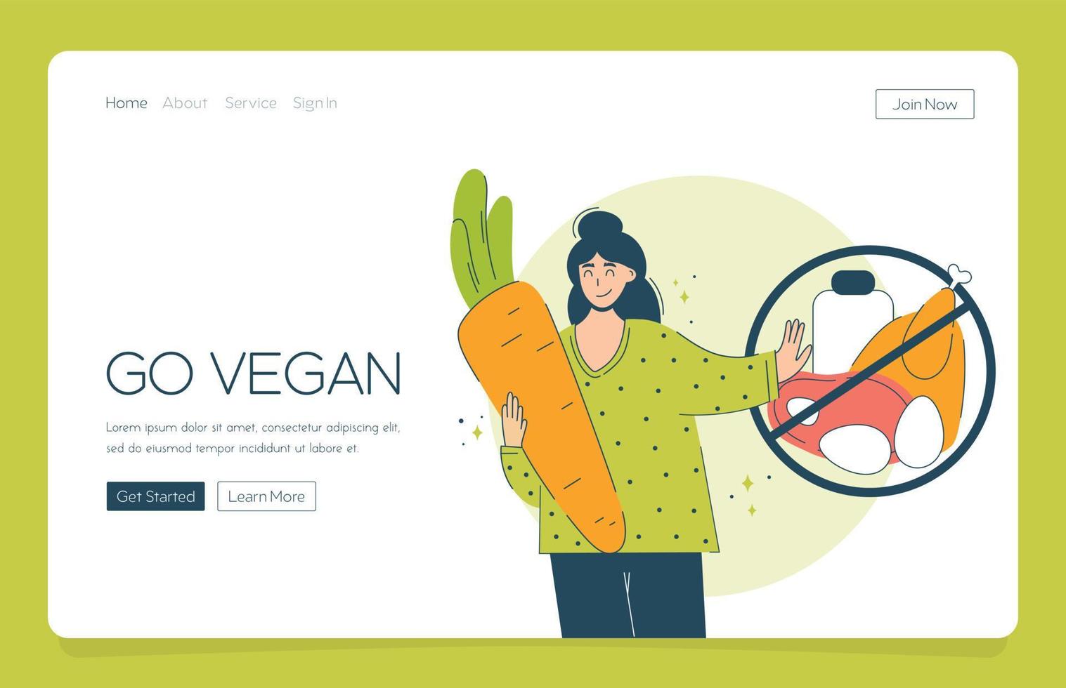 webb app landning Lycklig kvinna väljer veganism och grönsaker. de begrepp av en vegetarian diet flicka omfamnar morötter och vägrar kött och mejeri. vektor