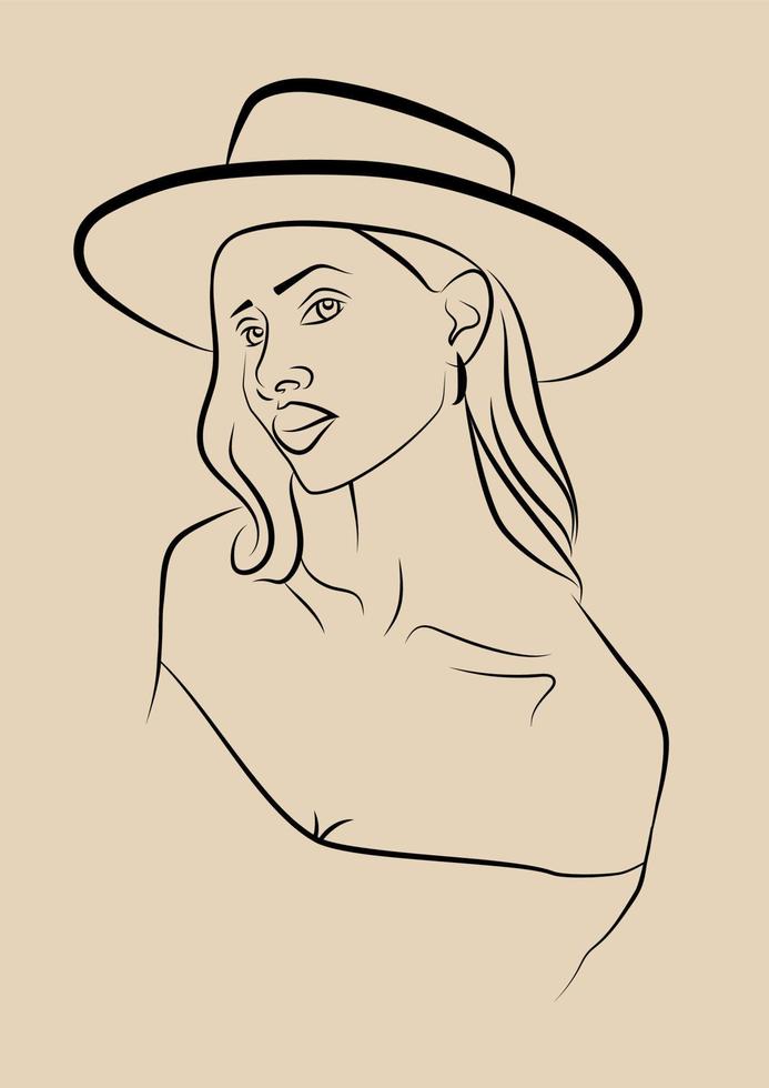 ung kvinna i hatt linje teckning affisch illustration. minimalistisk modern kvinnor ansikte kontinuerlig linje konst. vektor fyrkant konst