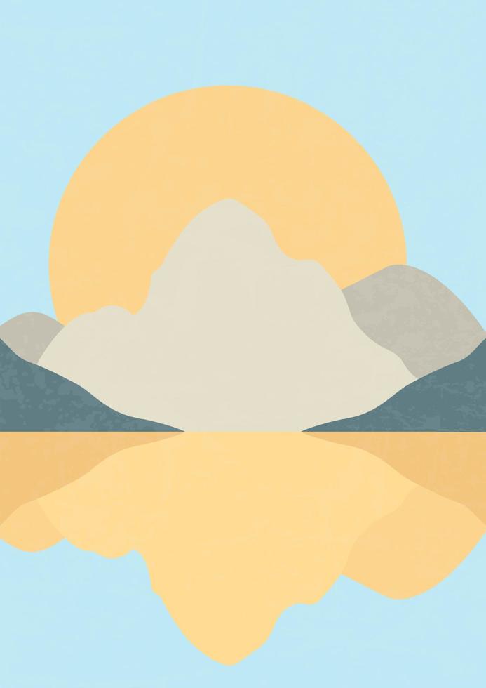 minimalistisches berglandschaftsillustrationsplakat. moderne vektorillustration der mitte des jahrhunderts mit handgezeichneten bergen und see. vektor