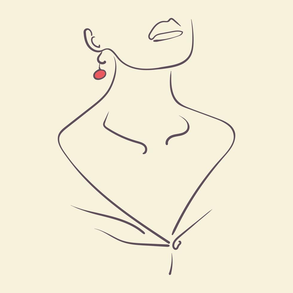 logotyp symbol design med kvinna linje konst porträtt och röd örhänge. unik Smycken ikon layout för skönhet och mode företag. vektor illustration.