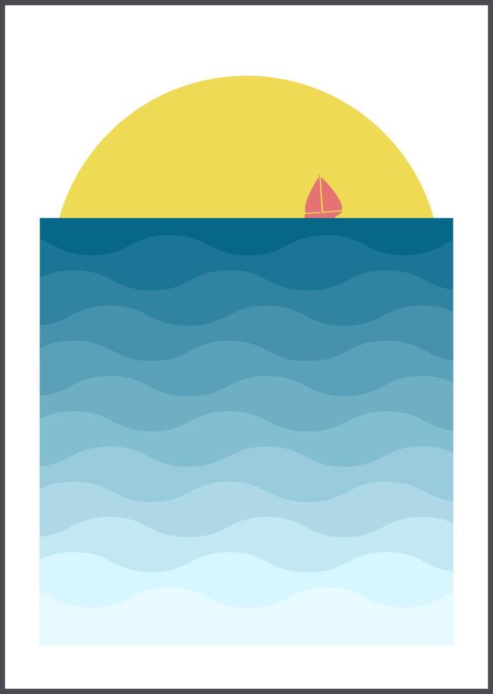 wellen und schiffskinderzimmer-illustrationsplakat. süßes segelschiff. Kinder Segelboot. Babydruck, Kunstdruck für Schlafzimmerdekor. vektor