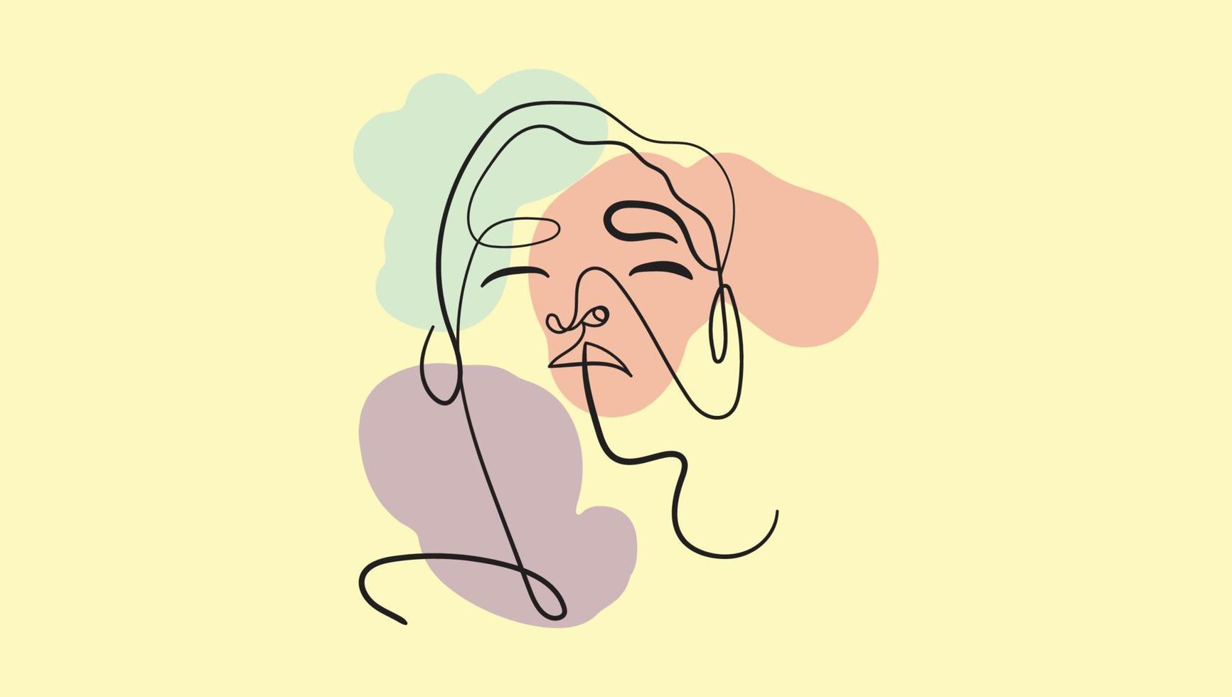 eine einfache, aber auffällige, handgezeichnete Darstellung des Gesichts einer Frau in Form einer einzelnen, ununterbrochenen Linie auf einem abstrakten geometrischen Hintergrund. Boho-Wanddruck, Digitaldruck vektor