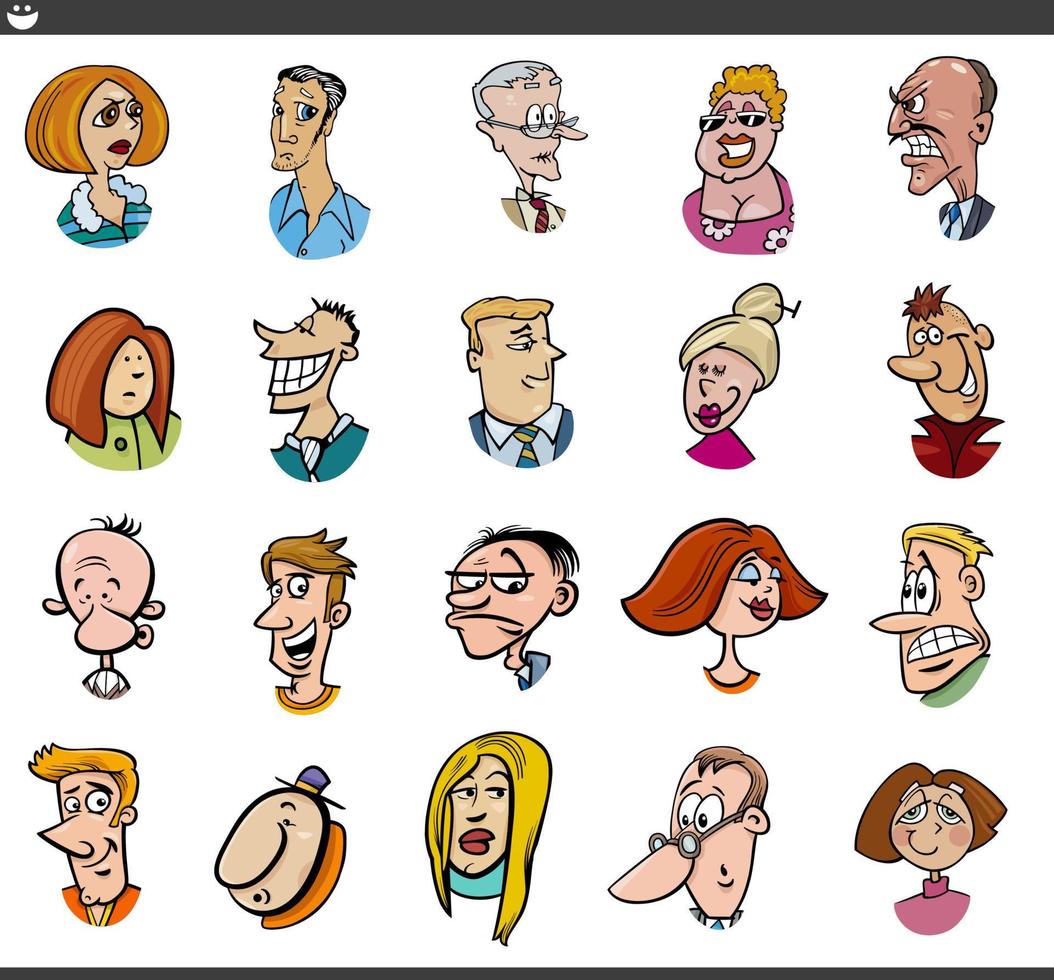 tecknad serie människor tecken ansikten och stämningar uppsättning vektor