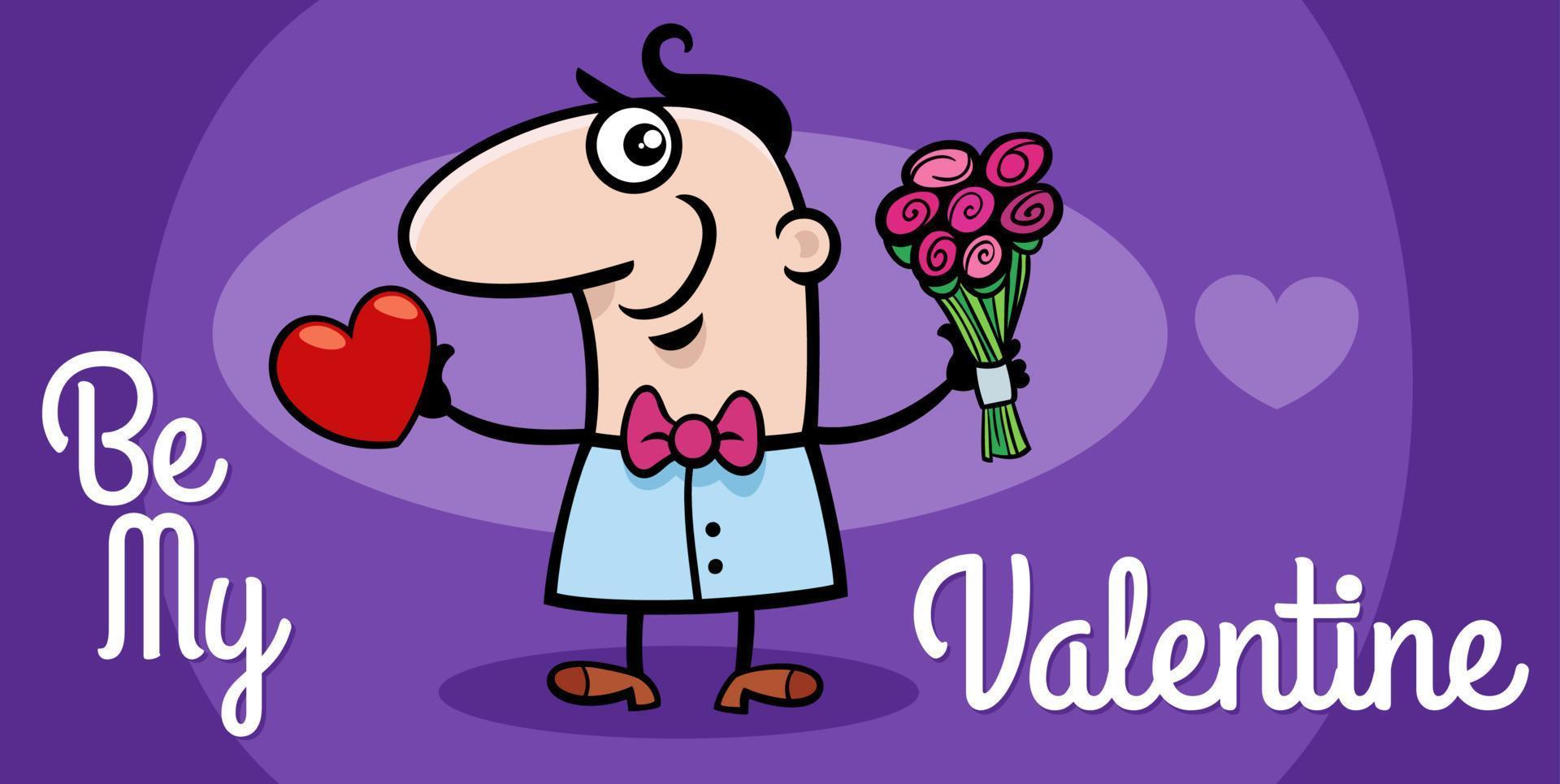 Valentinstag-Design mit Cartoon-Mann mit Herz und Blumen vektor