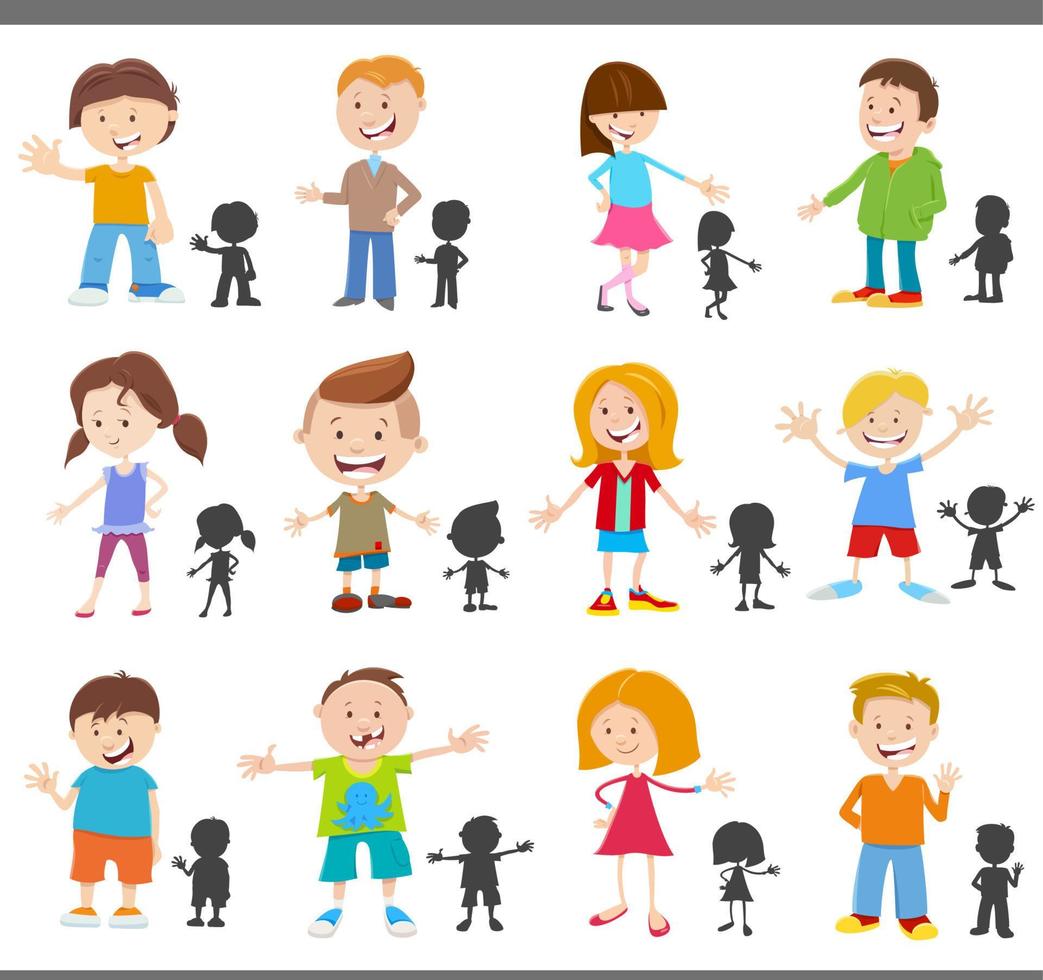 glückliche kinderzeichentrickfiguren mit den gesetzten silhouetten vektor