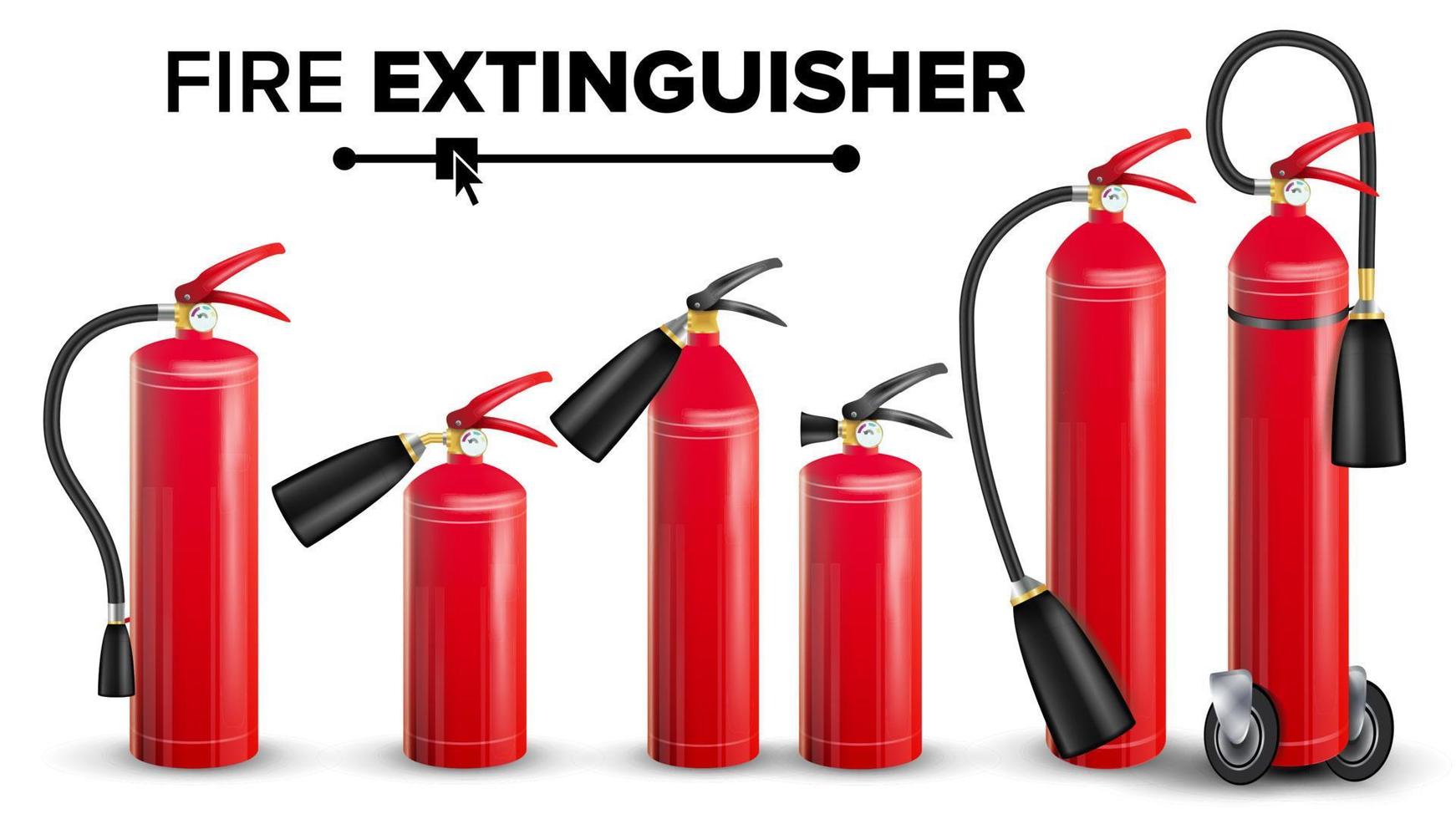 brand eldsläckare uppsättning vektor. annorlunda typer. metall glansighet 3d realistisk röd brand eldsläckare isolerat illustration vektor