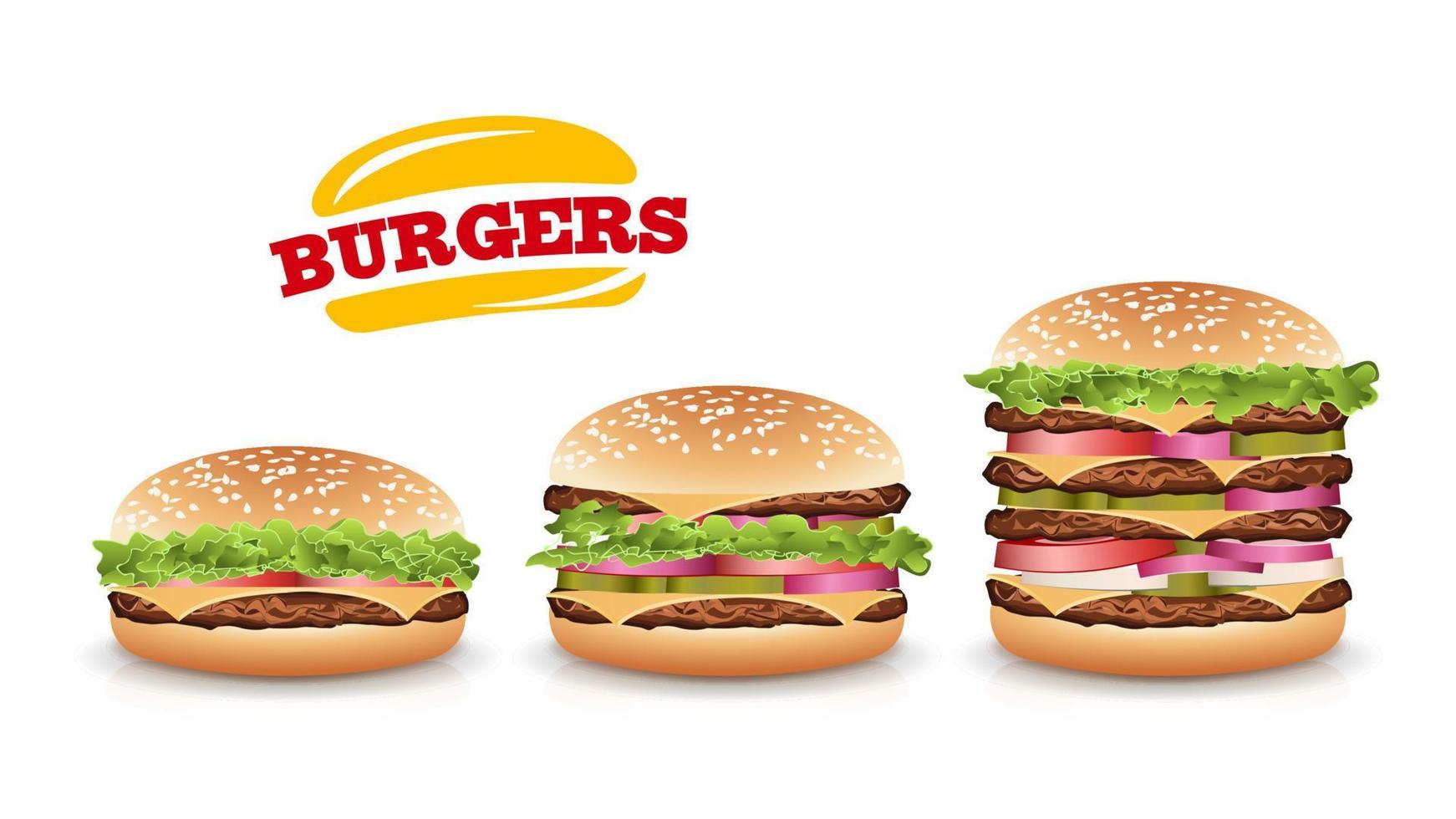 snabb mat realistisk burger vektor. uppsättning hamburgare vektor