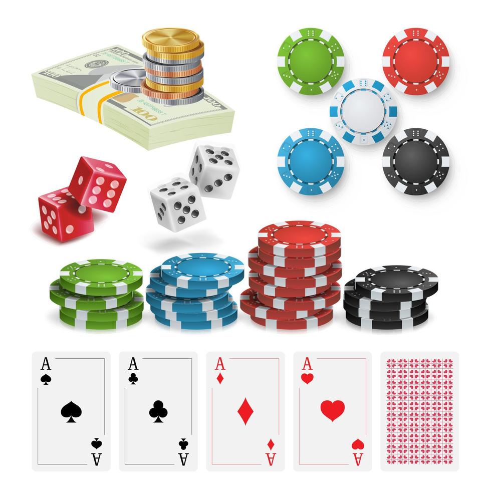 Casino-Design-Elemente-Vektor. Pokerchips, Spielkarten, Craps. isolierte Abbildung vektor