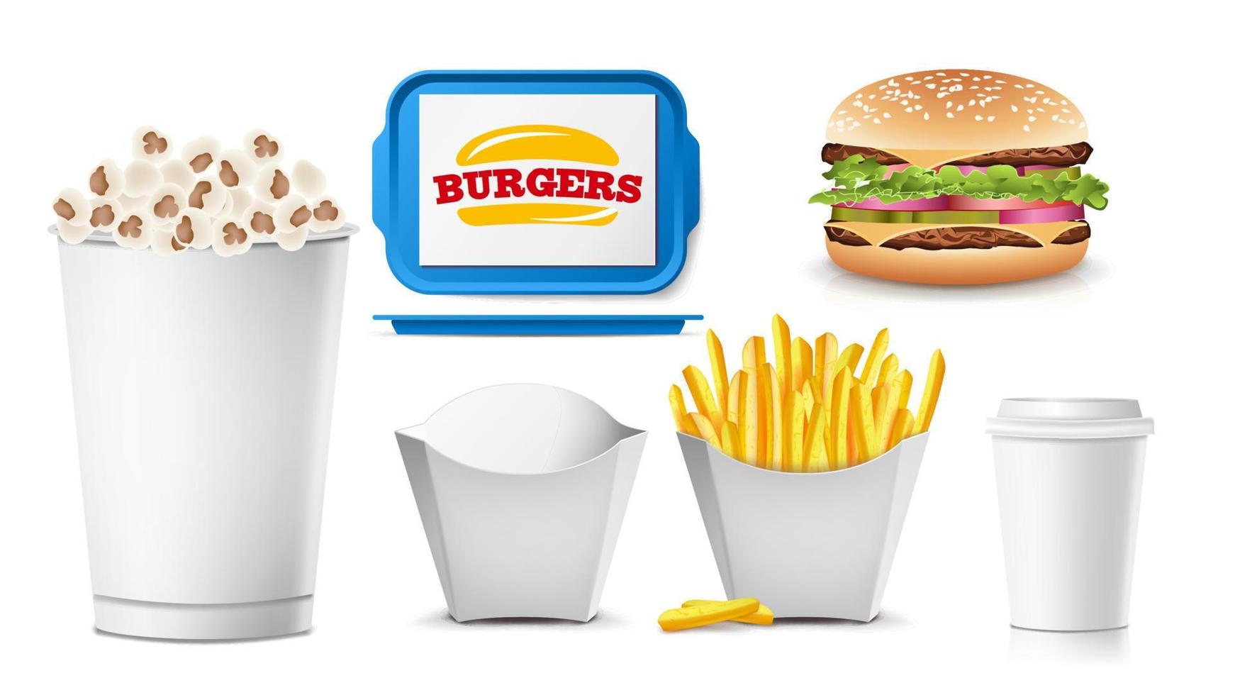 Fast-Food-Mock-up-Set-Vektor. weiß sauber leer. Vorlage für Branding-Design. Fast-Food-Verpackung. isoliert auf weißer Abbildung vektor