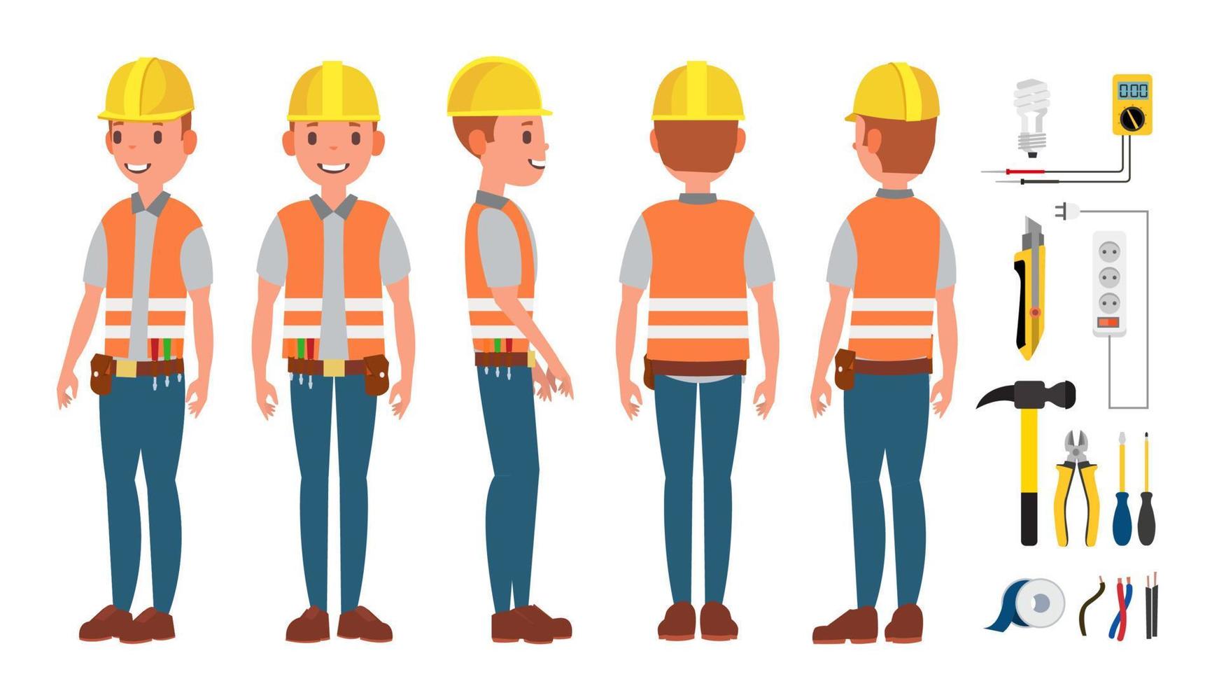 männlicher Vektor des Elektrikerarbeiters. macht Elektrogeräte. verschiedene Posen. zeichentrickfigur illustration